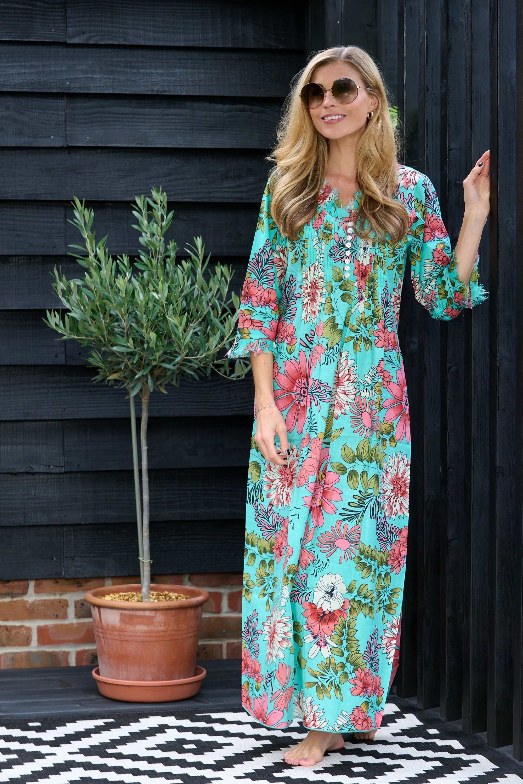 Cotton Annabel Maxi Dress in Turquoise Floral