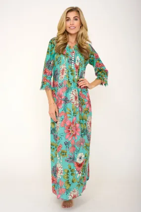 Cotton Annabel Maxi Dress in Turquoise Floral