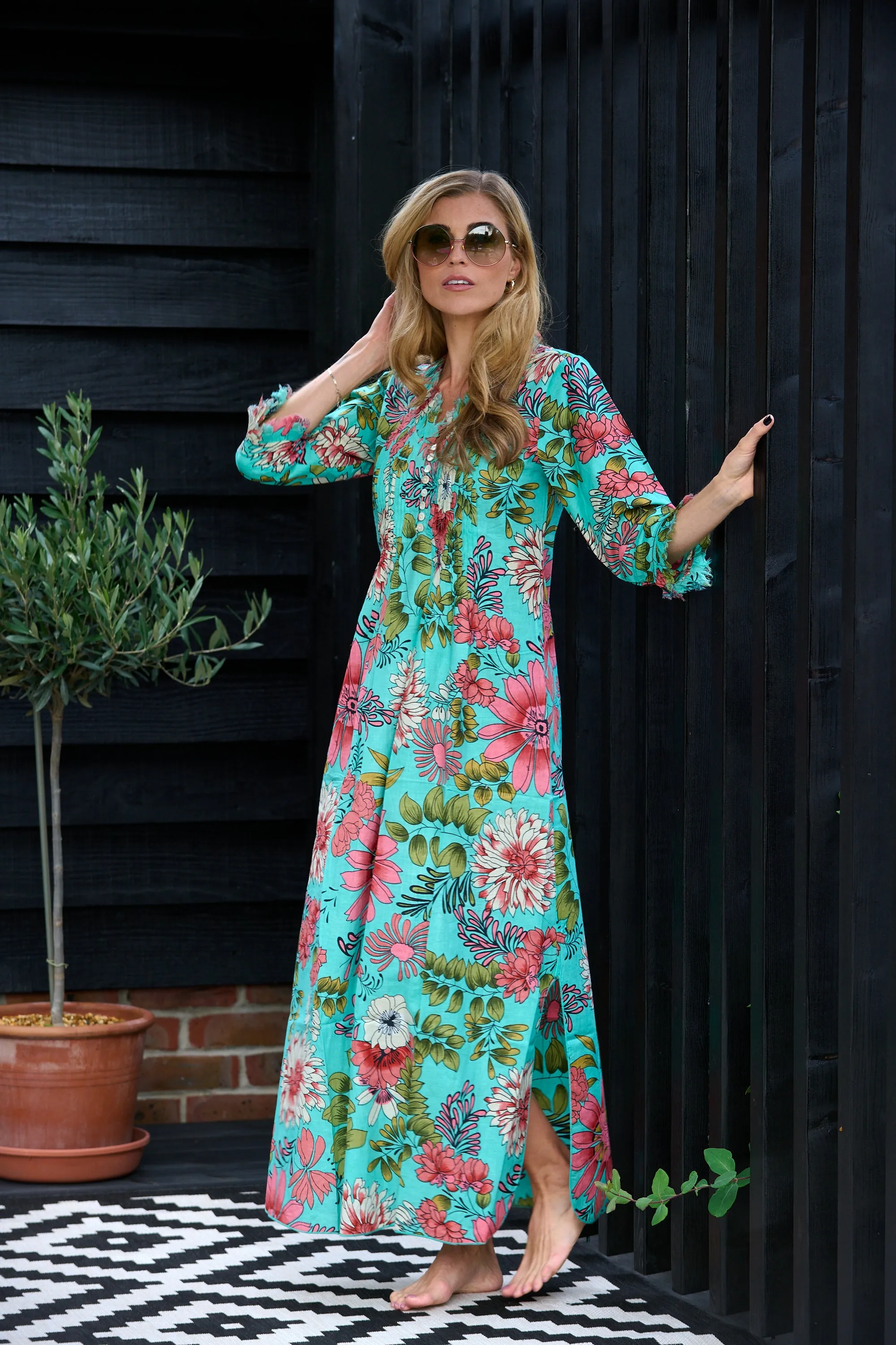 Cotton Annabel Maxi Dress in Turquoise Floral