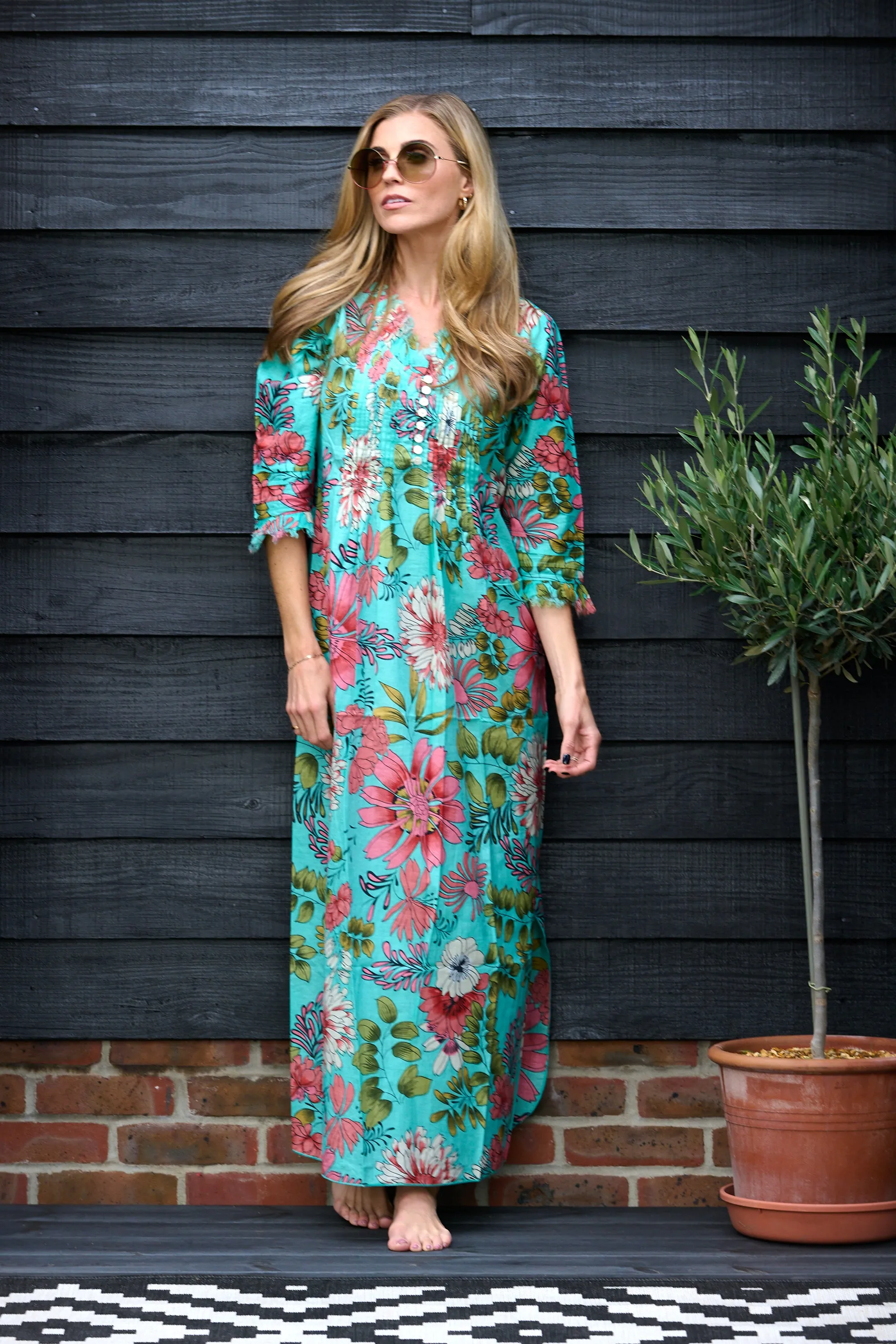 Cotton Annabel Maxi Dress in Turquoise Floral