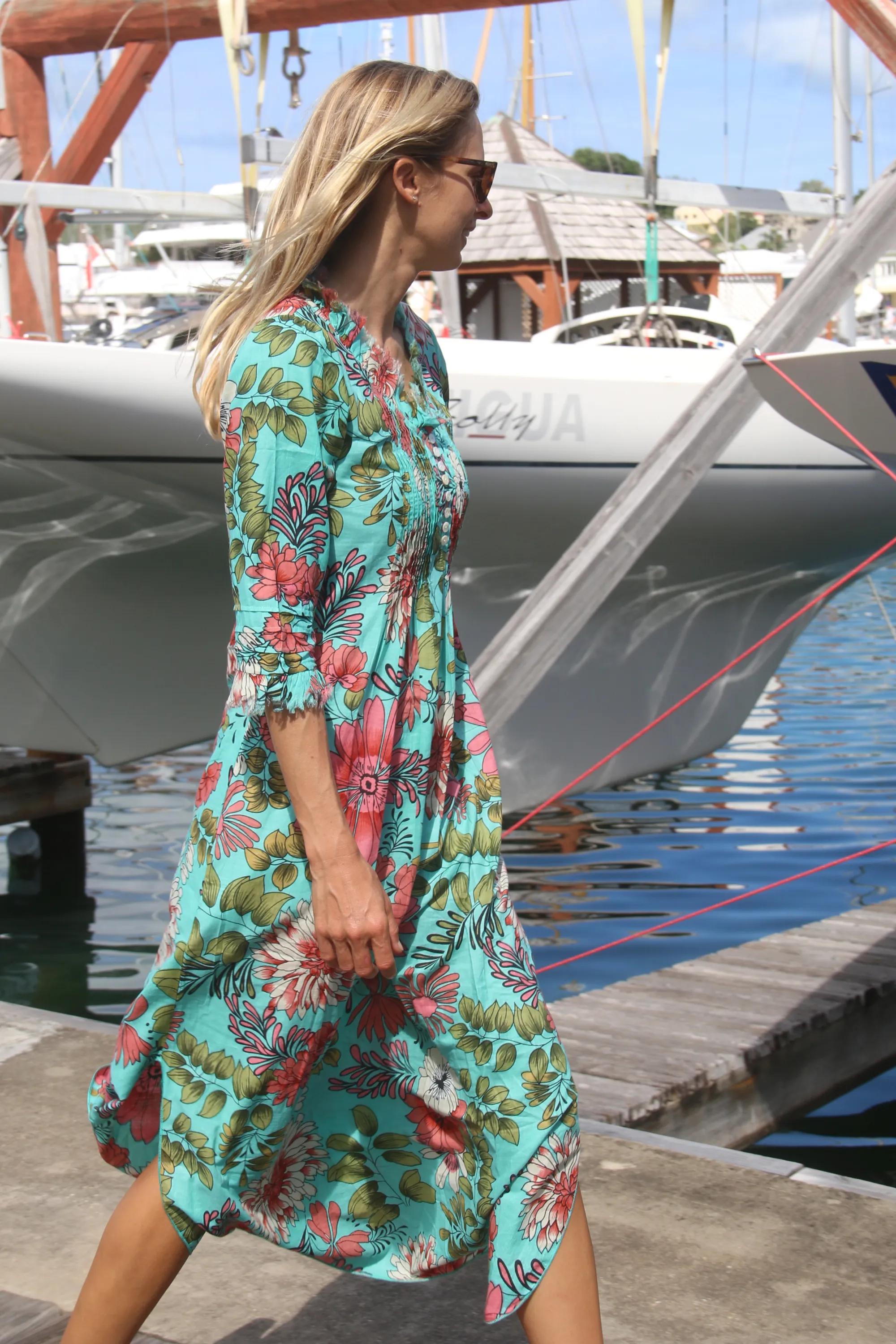 Cotton Annabel Maxi Dress in Turquoise Floral