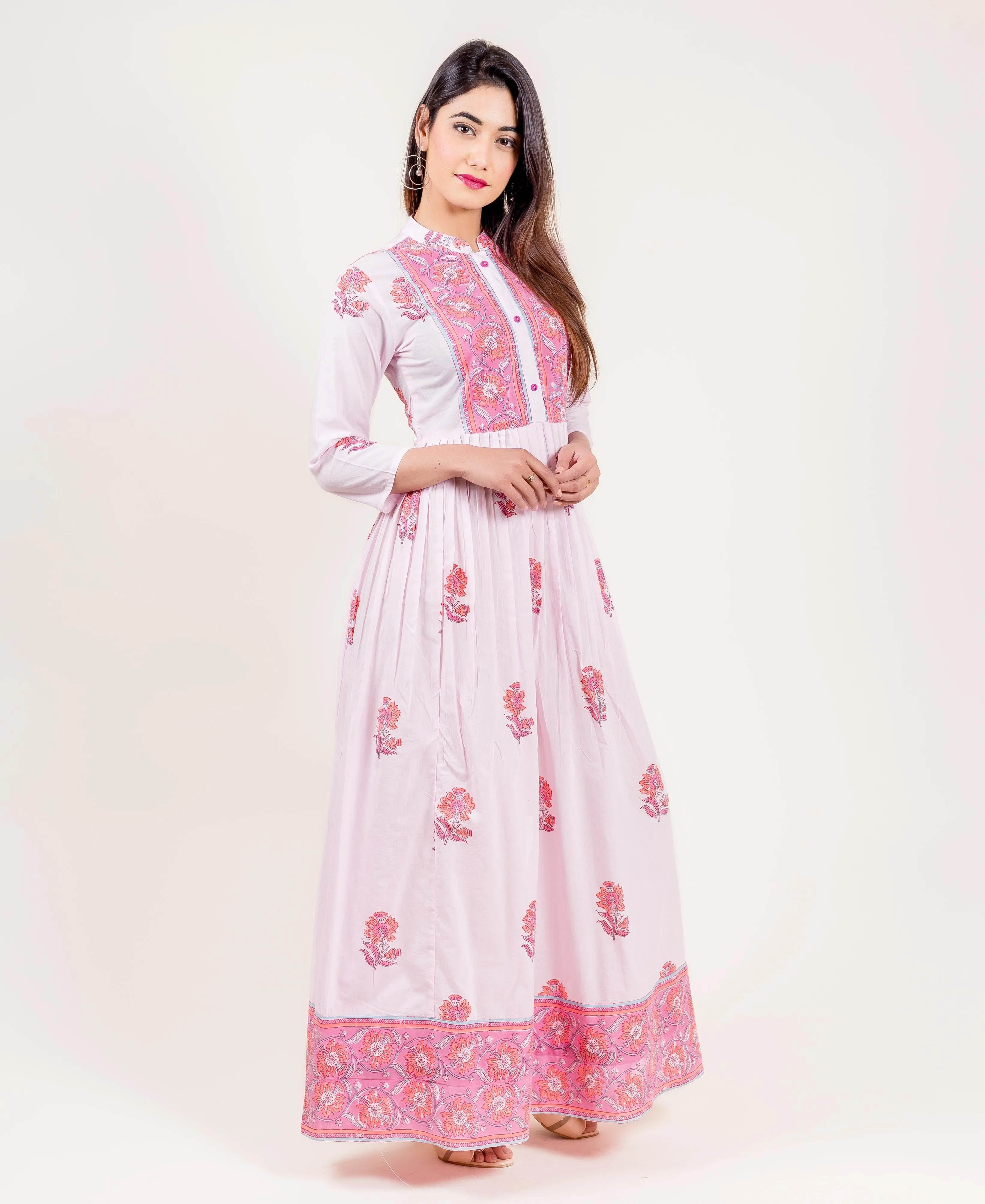 Cotton Hand Block Printed Pink Long Dress