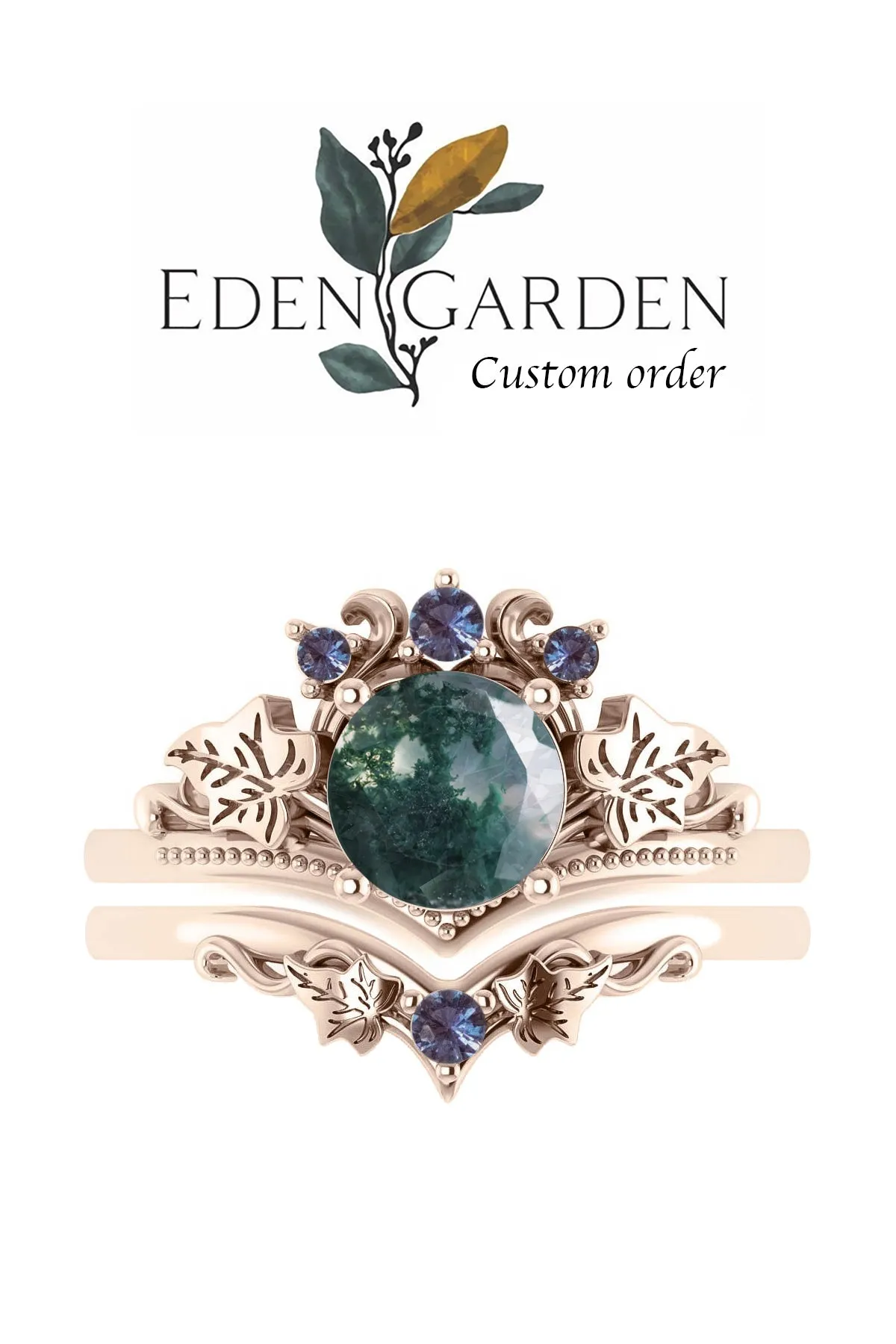 Custom order: Ariadne bridal ring set with moss agate and alexandrites