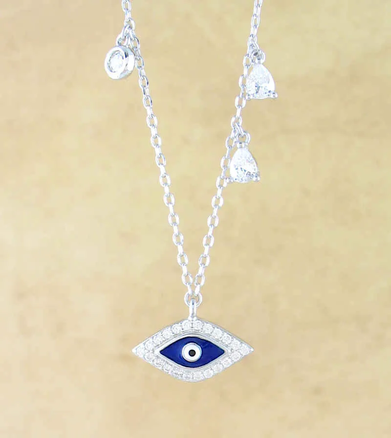 Dark Blue Evil Eye With CZ Simulated Diamonds Necklace