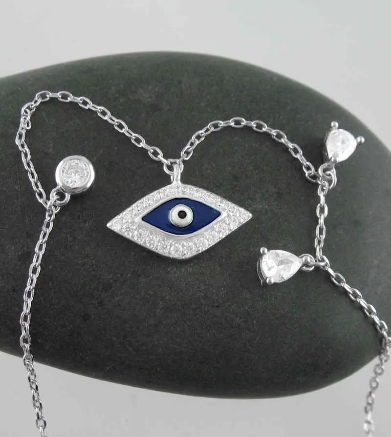 Dark Blue Evil Eye With CZ Simulated Diamonds Necklace