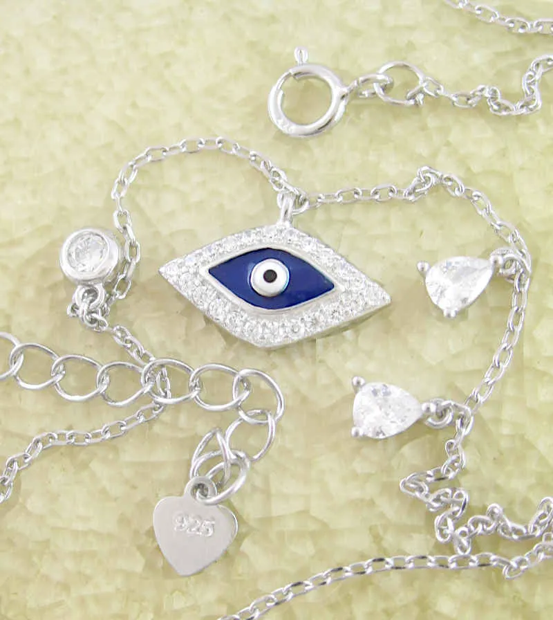 Dark Blue Evil Eye With CZ Simulated Diamonds Necklace