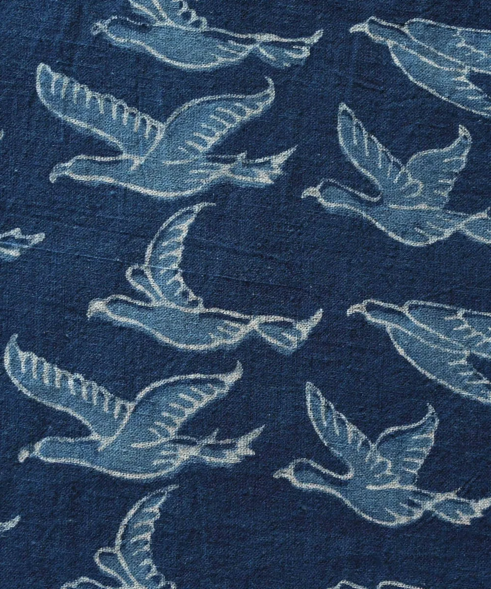 Dark indigo hand blockprint handspun handwoven cotton fabric