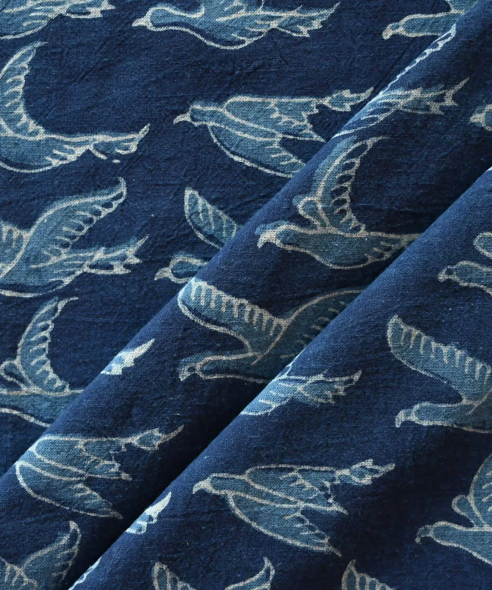 Dark indigo hand blockprint handspun handwoven cotton fabric