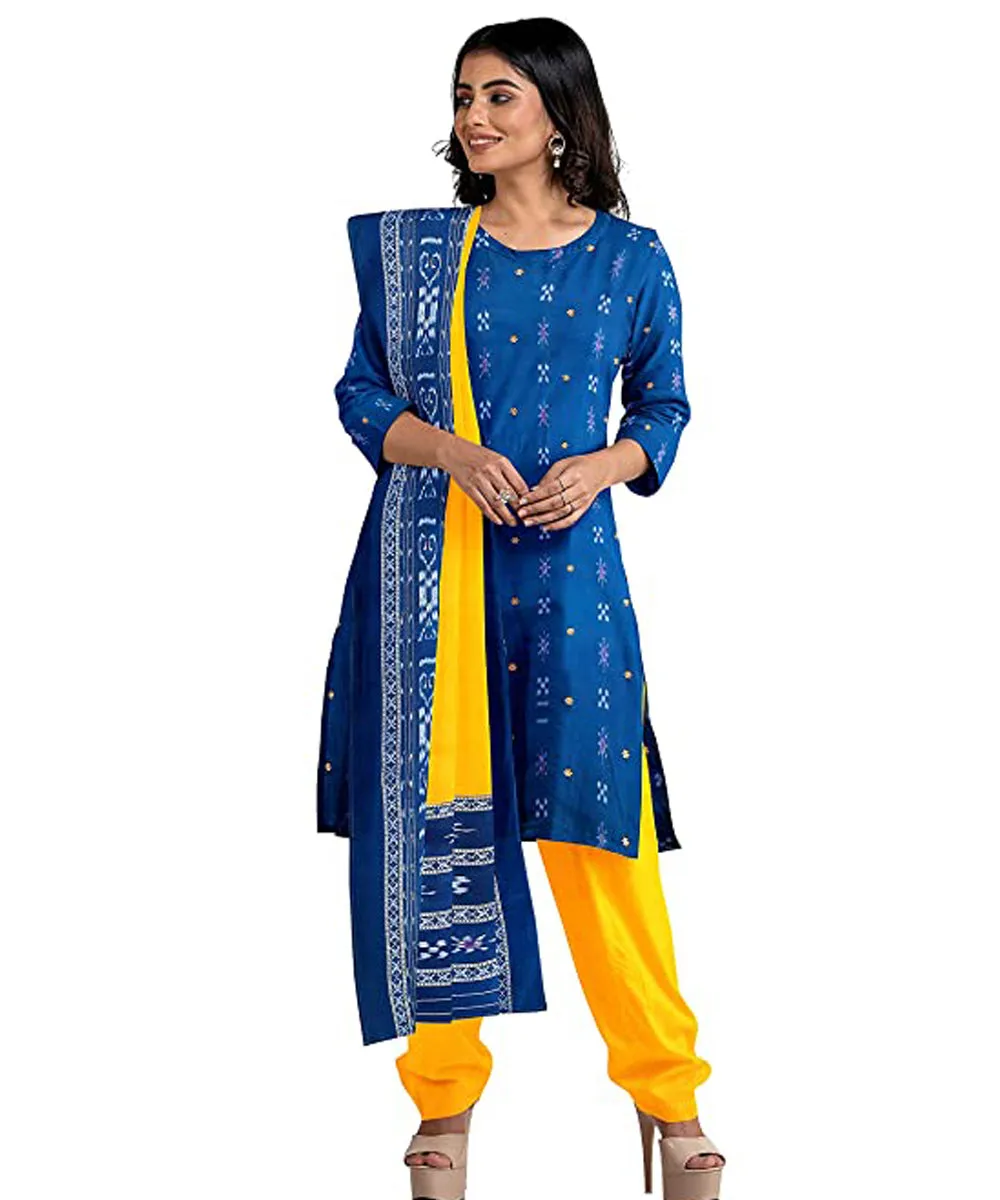 Darkblue yellow handwoven cotton nuapatna dress material