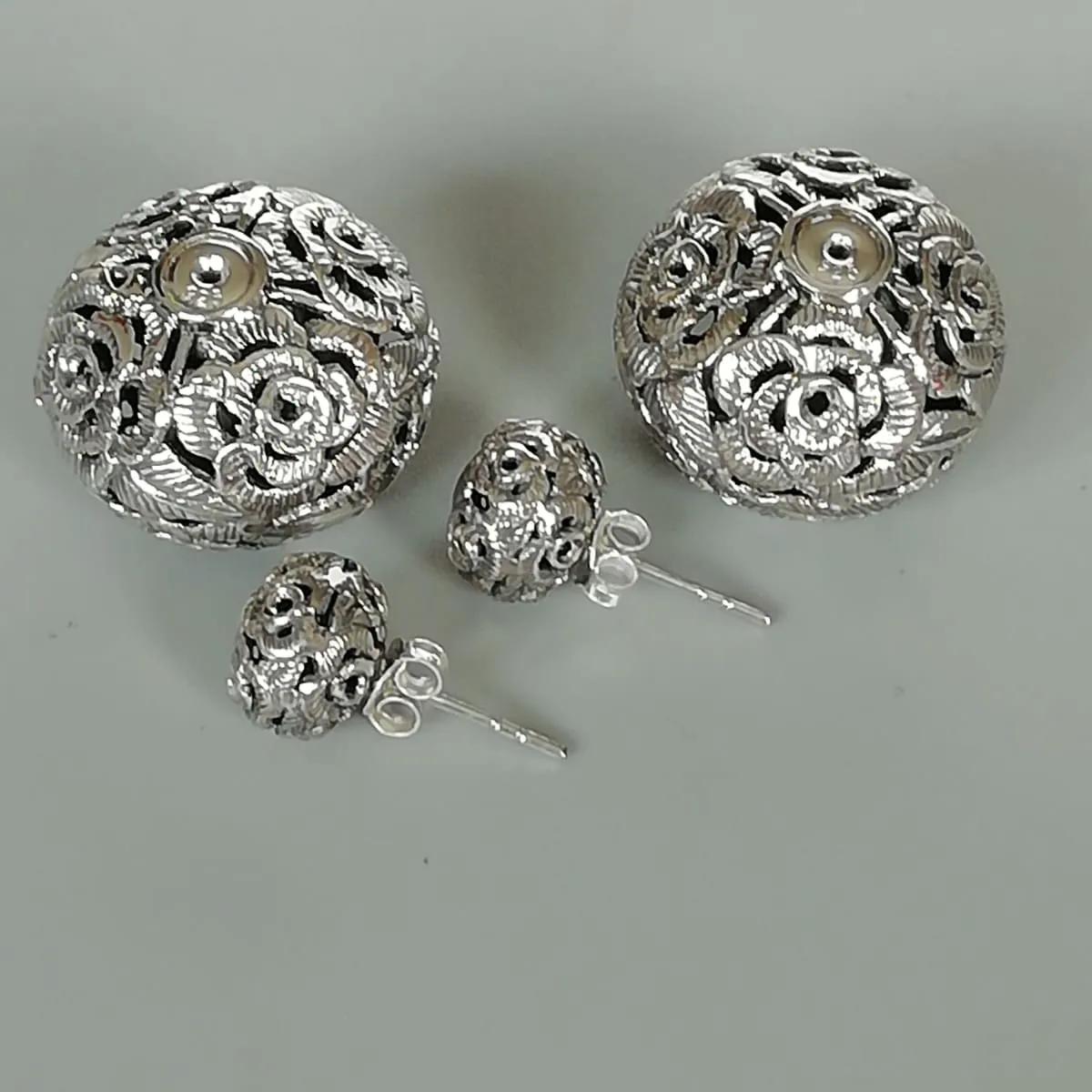 Double sided sterling silver ball studs | Flower front back earrings  | Chunky statement earrings | Filigree Silver jewelry | E912