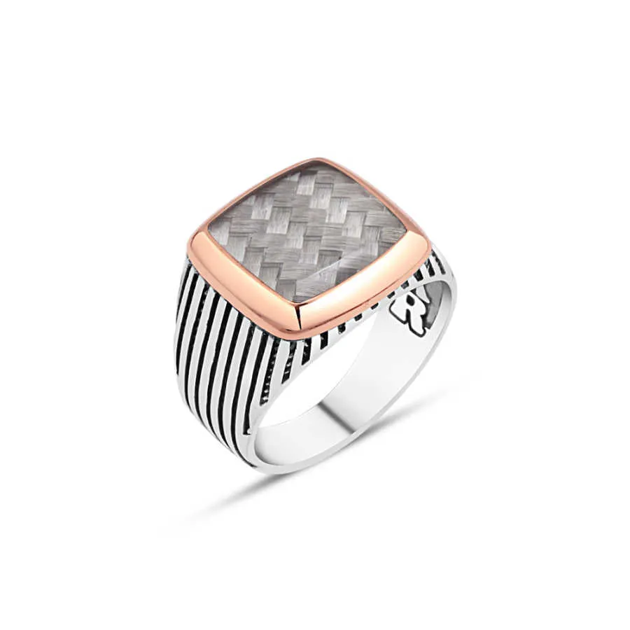 Enameled Carbon Square Silver Men's Ring with Stripe Pattern