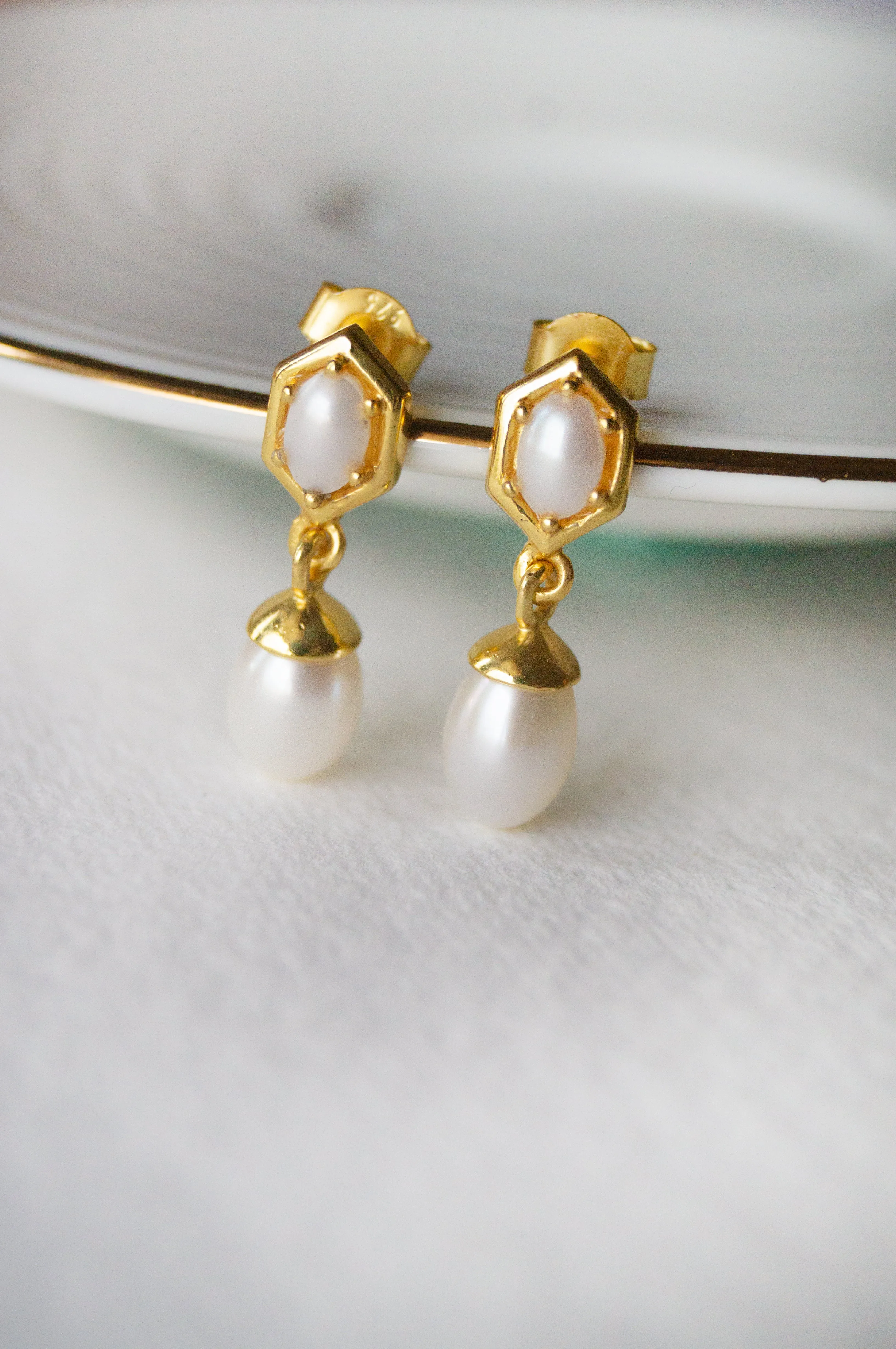 Exquisite Hexagonal Gold Plated Pearl Sterling Silver Droplet Earrings