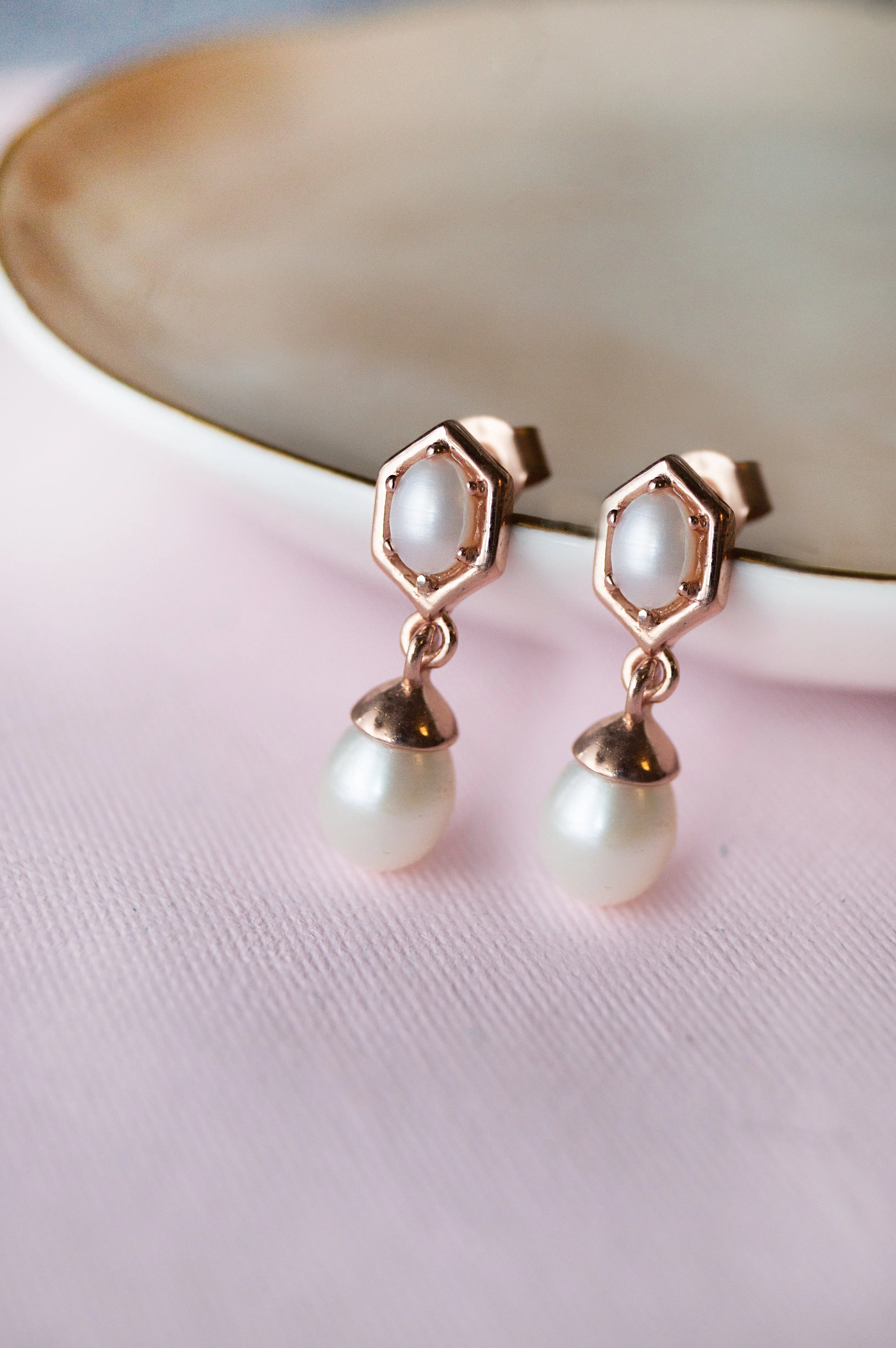 Exquisite Hexagonal Gold Plated Pearl Sterling Silver Droplet Earrings