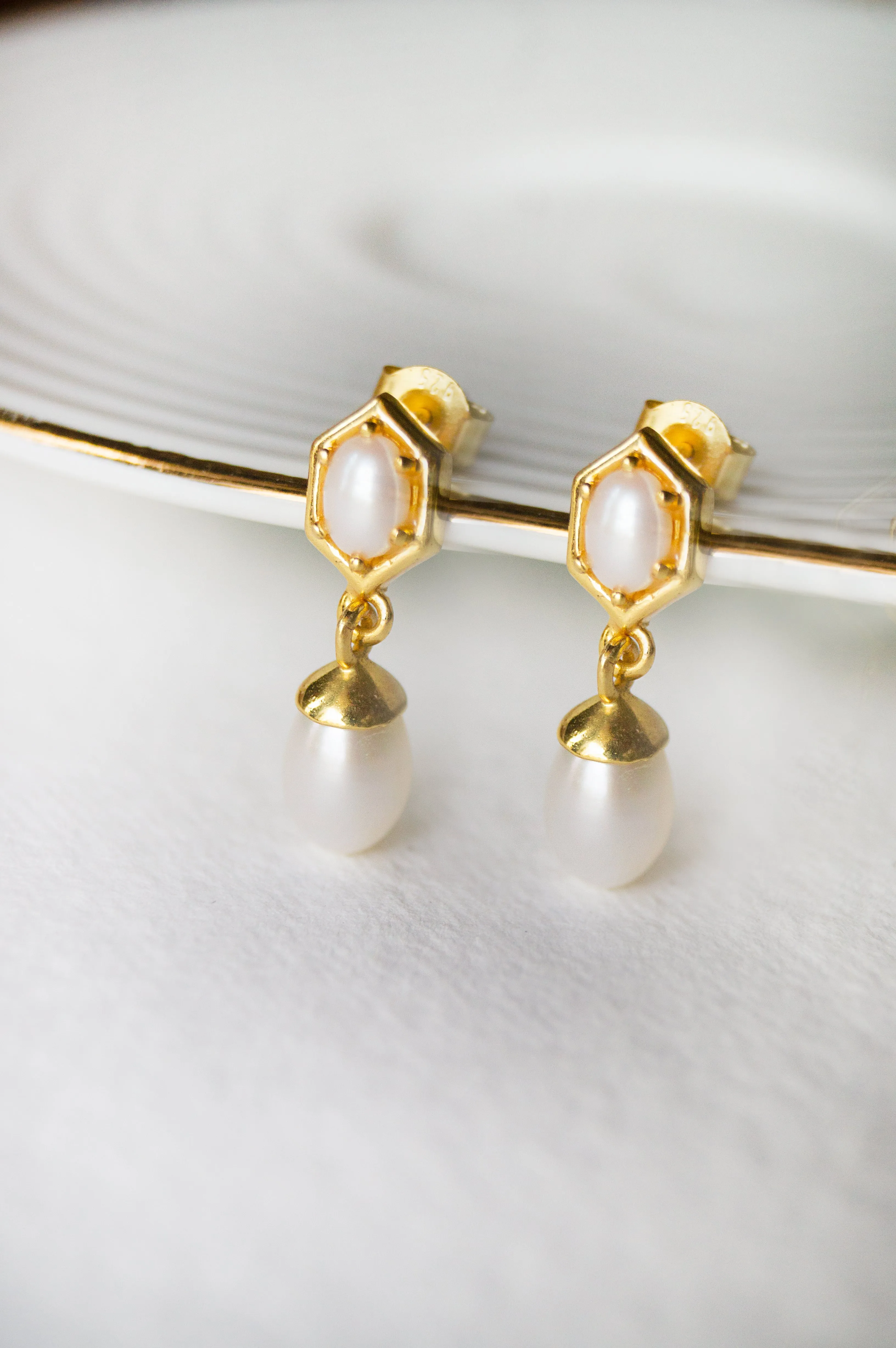 Exquisite Hexagonal Gold Plated Pearl Sterling Silver Droplet Earrings