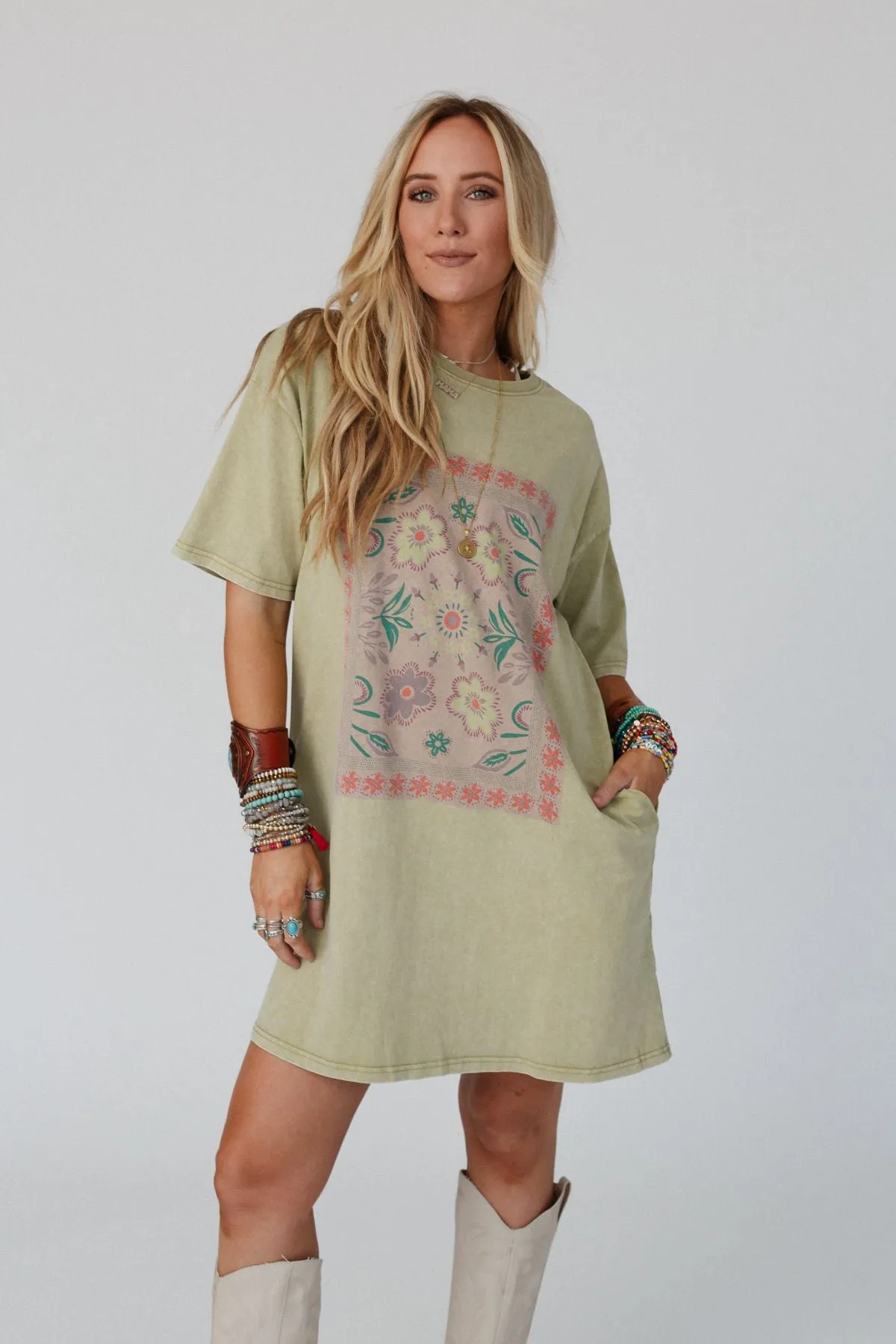 Fall Blossoms Tee Dress - Sage