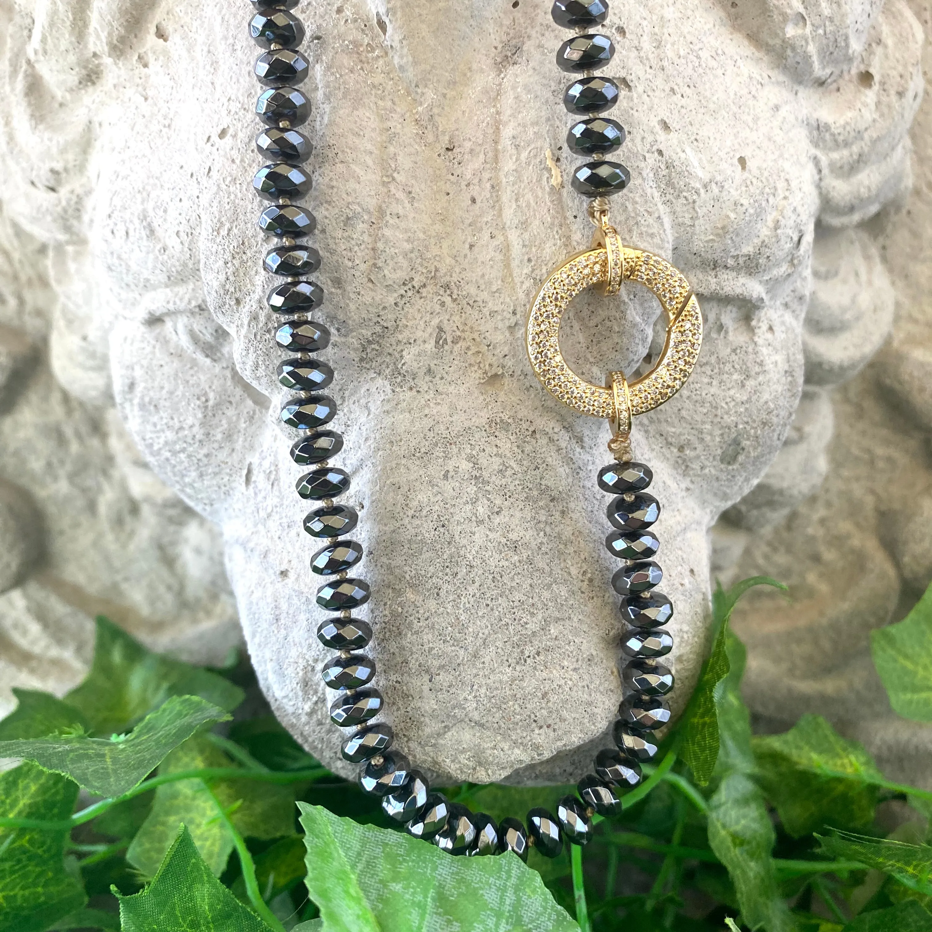 Festive Hematite Candy Necklace w Gold Plated Statement Clasp, 20.5inches, Hand Knotted