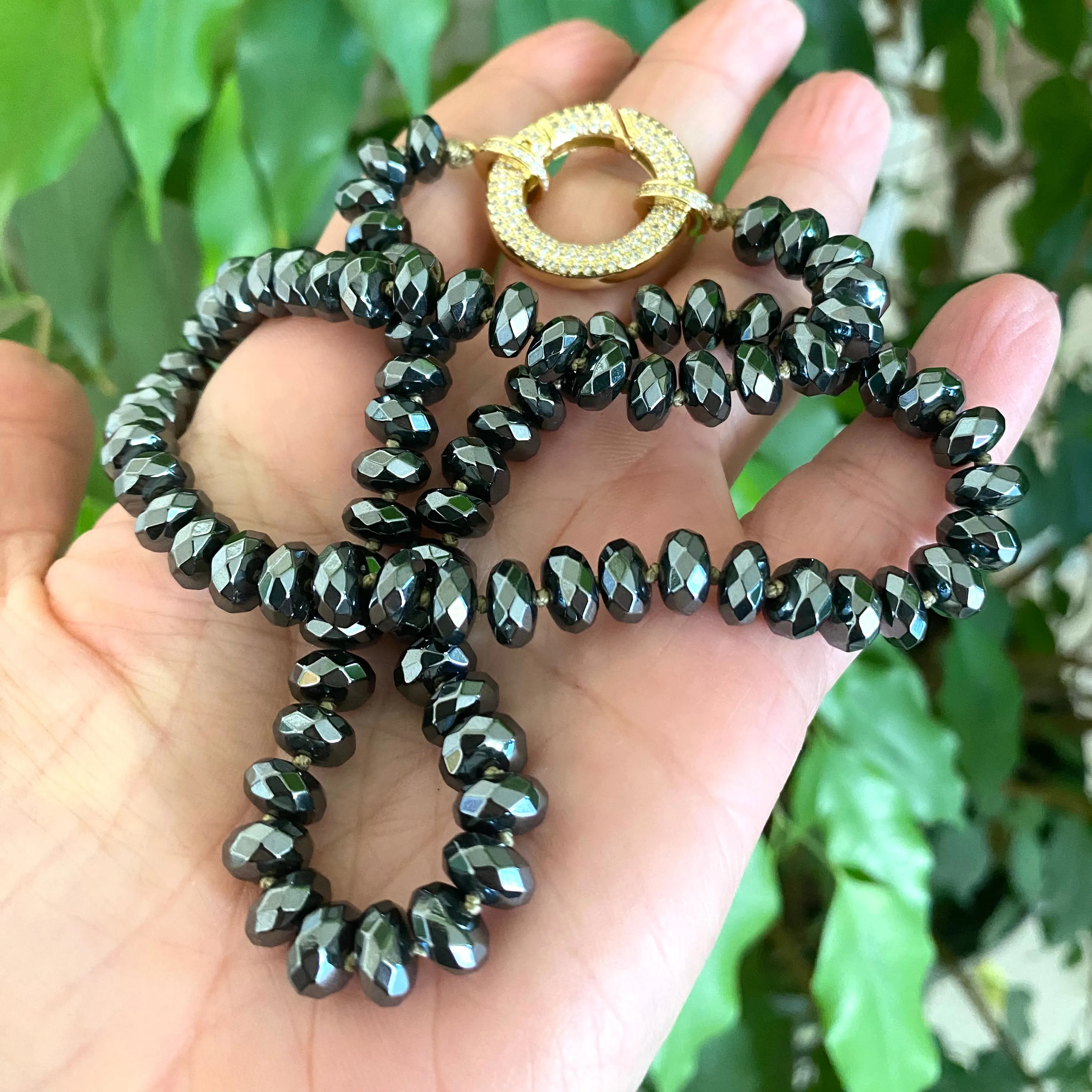 Festive Hematite Candy Necklace w Gold Plated Statement Clasp, 20.5inches, Hand Knotted