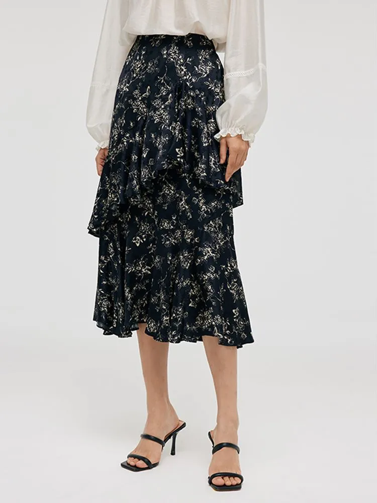 Floral Printed Ruffle Trim Women Half Skirt