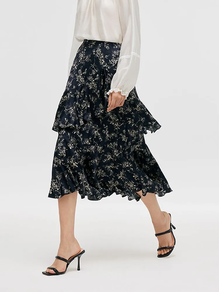 Floral Printed Ruffle Trim Women Half Skirt