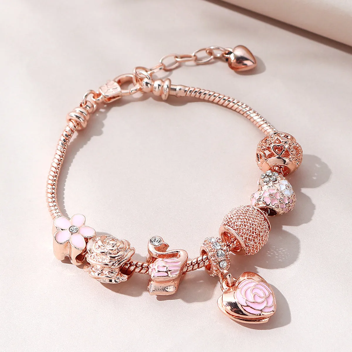 Flower Swan Charm Bracelet Rose Gold Color Rhinestone Bracelet DIY Beaded Copper Bracelet