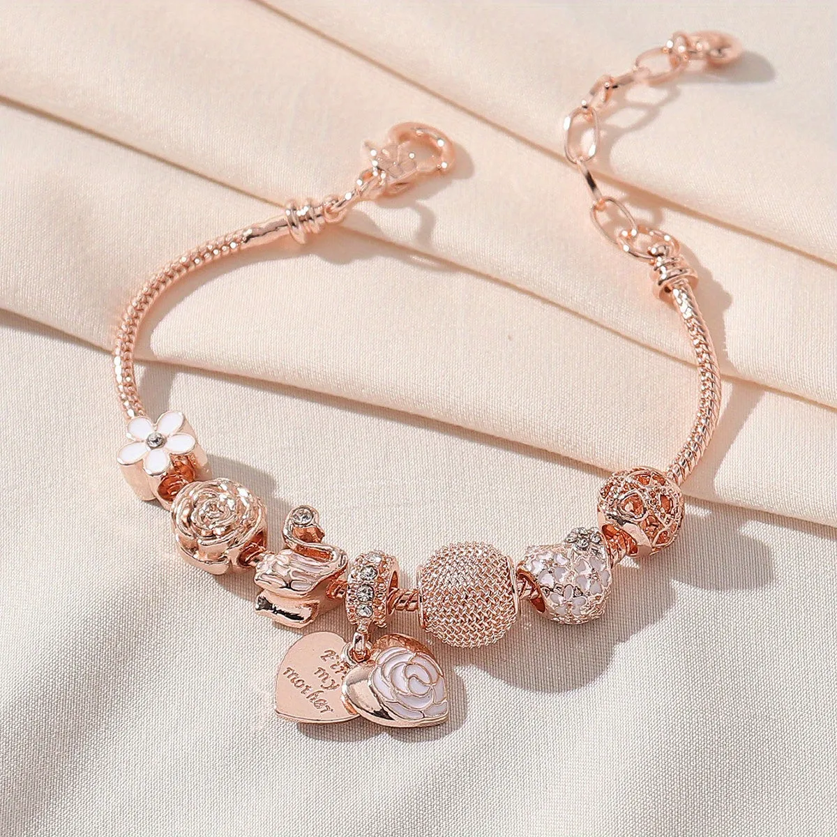 Flower Swan Charm Bracelet Rose Gold Color Rhinestone Bracelet DIY Beaded Copper Bracelet