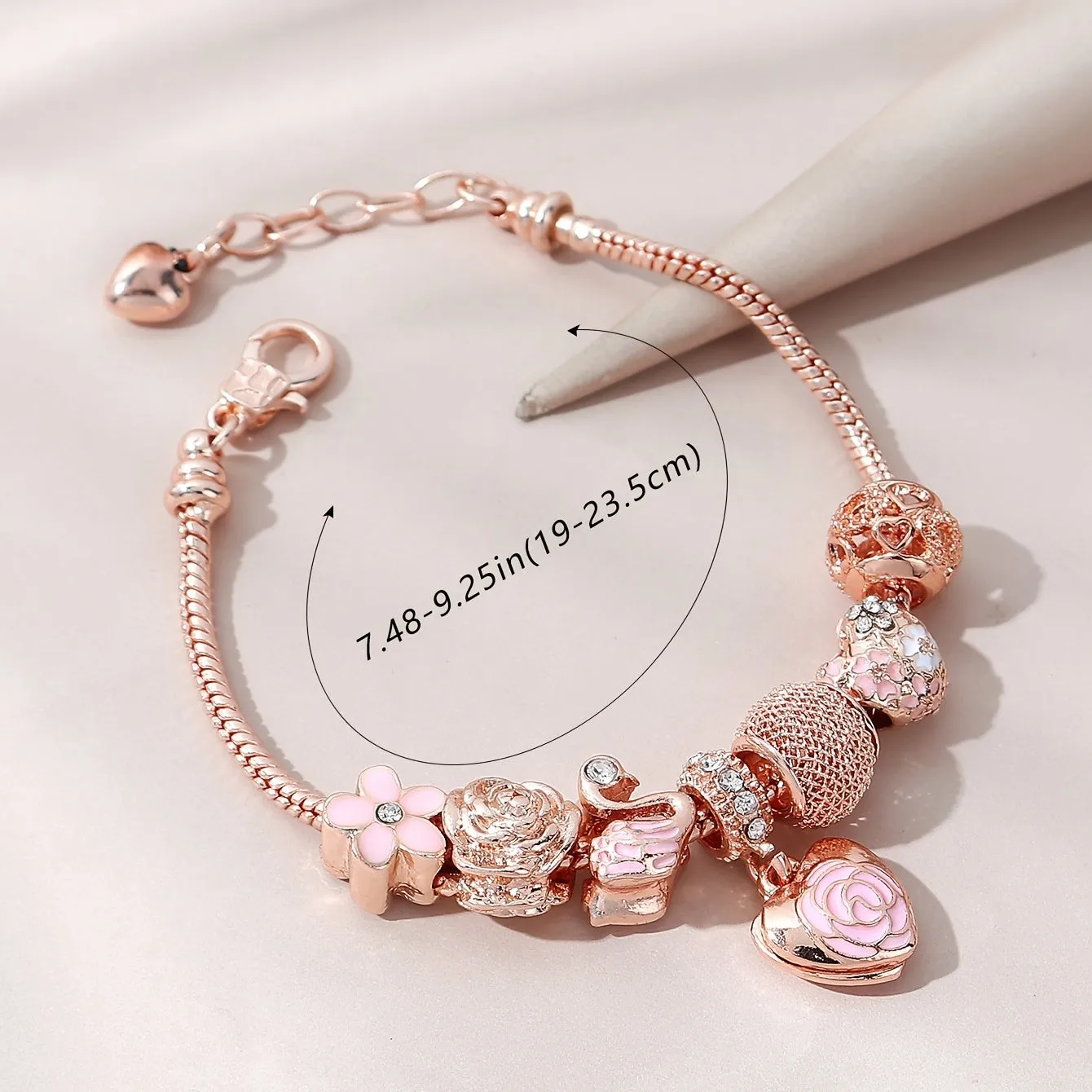 Flower Swan Charm Bracelet Rose Gold Color Rhinestone Bracelet DIY Beaded Copper Bracelet