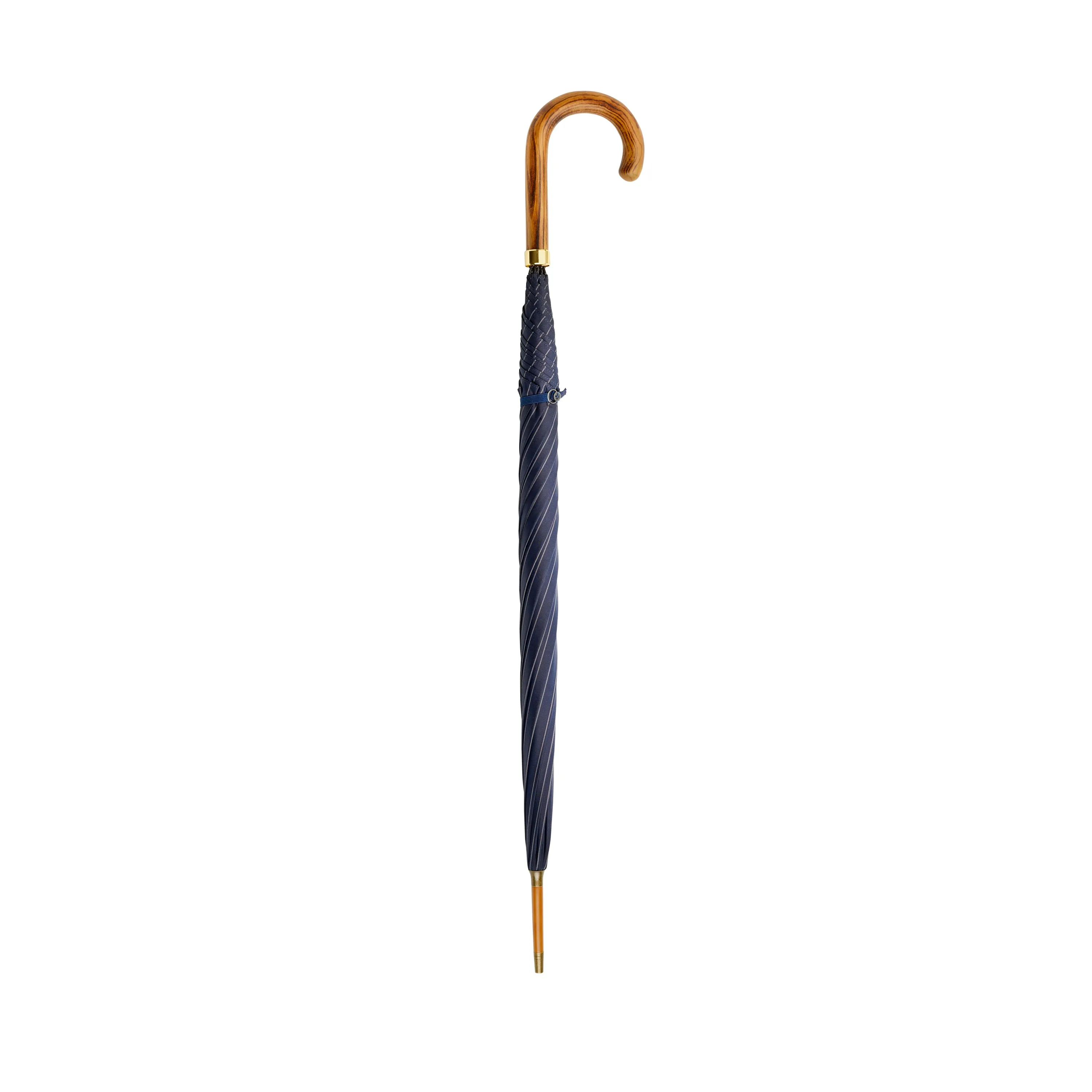 Fox Umbrellas Medium Brown Hardwood Handle Navy Pinstripe Umbrella