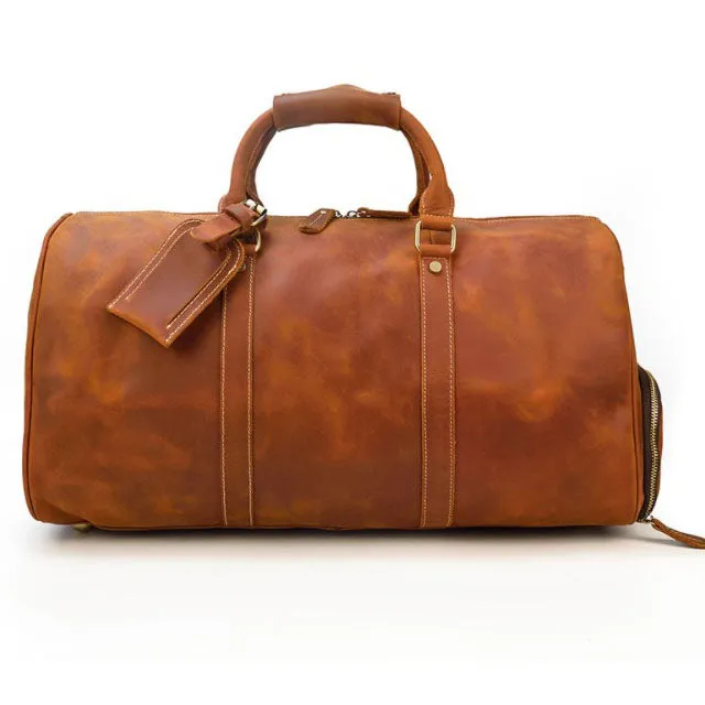 Genuine Leather Cowhide Travel Bag with Shoe Pouch