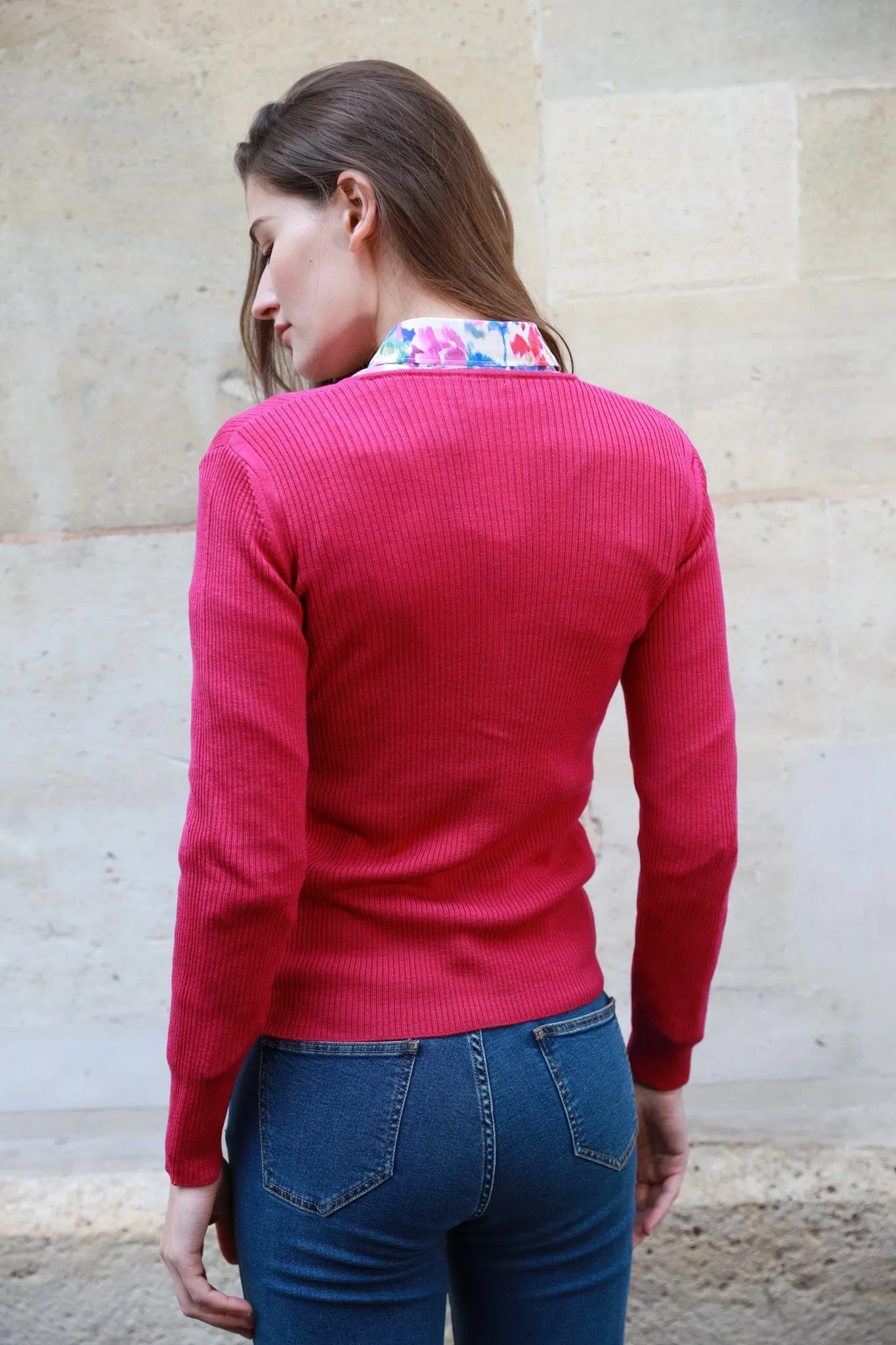 Gilet Agnès 100% laine mérinos - Rose