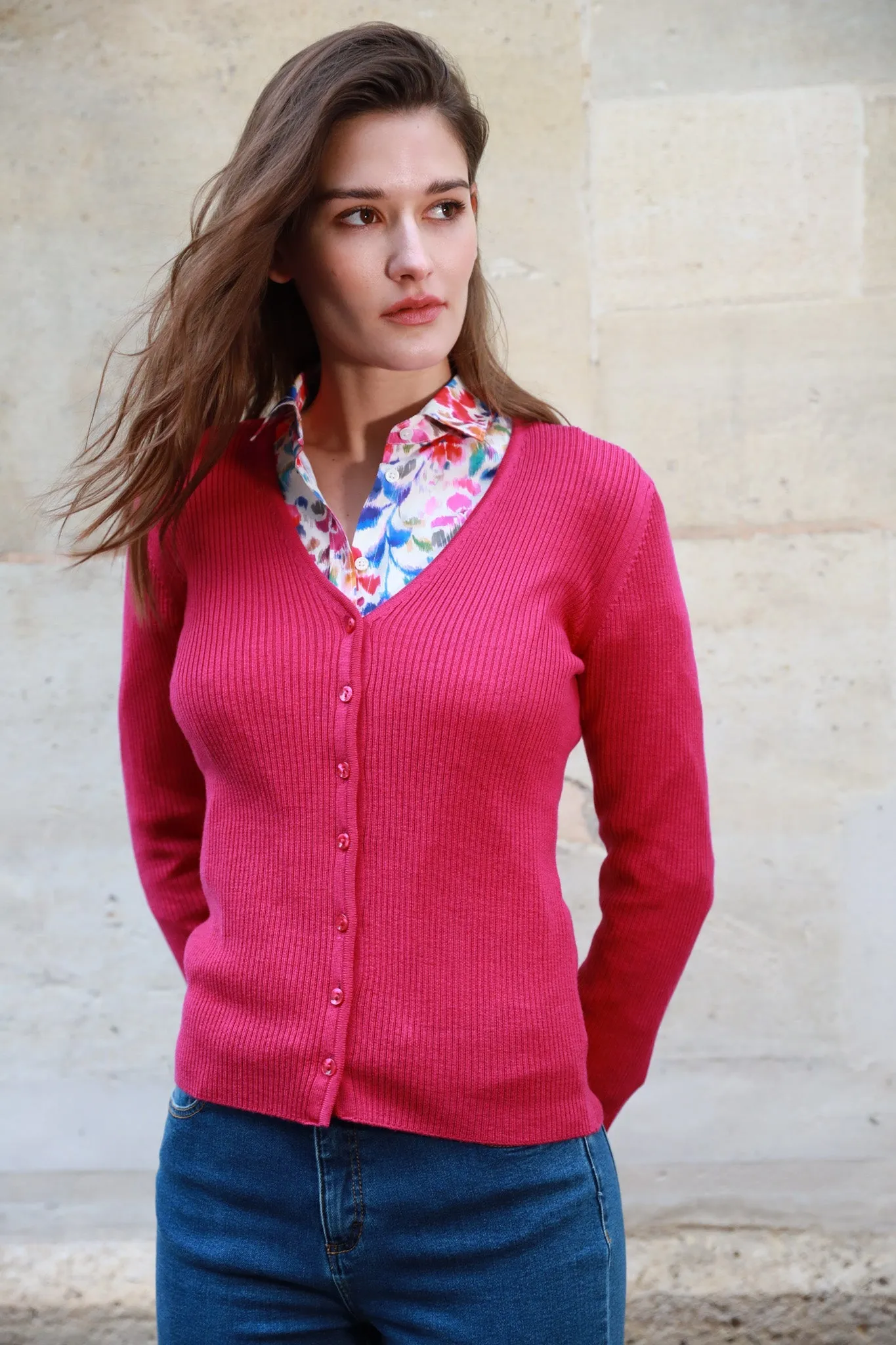 Gilet Agnès 100% laine mérinos - Rose