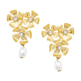 Gold and Pearl Flower Drop Earrings by Eric et Lydie