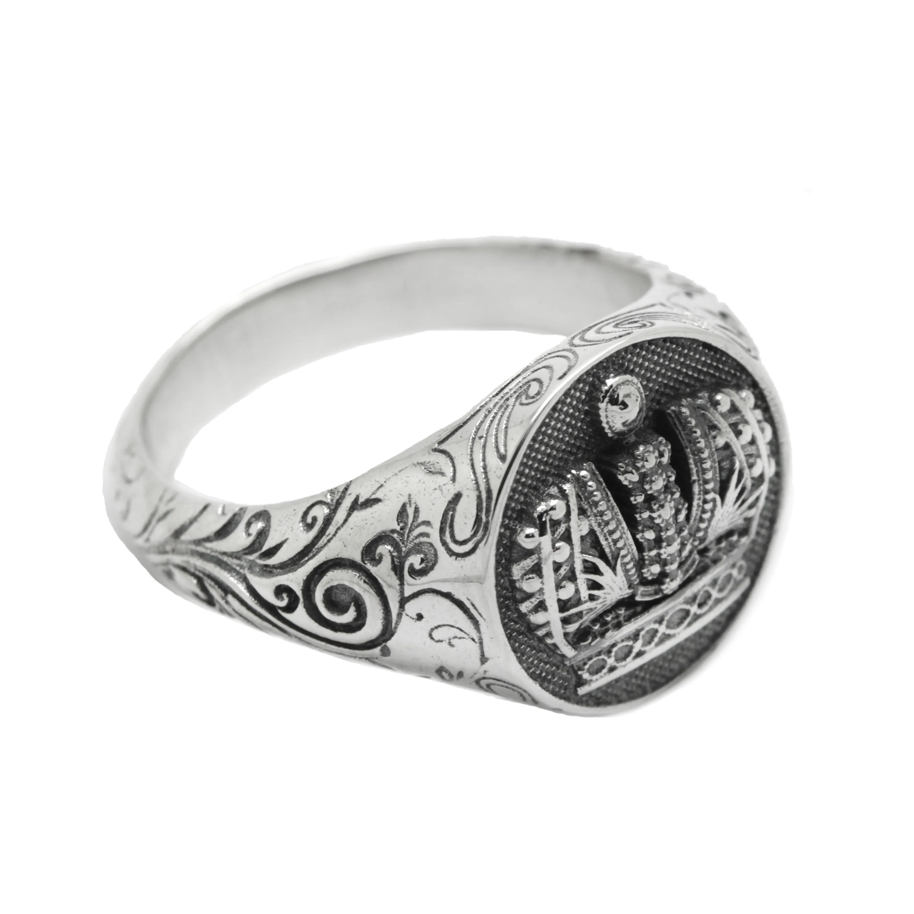 Heraldry Crown and Patterns Sterling Silver 925 Mens Ring Signet