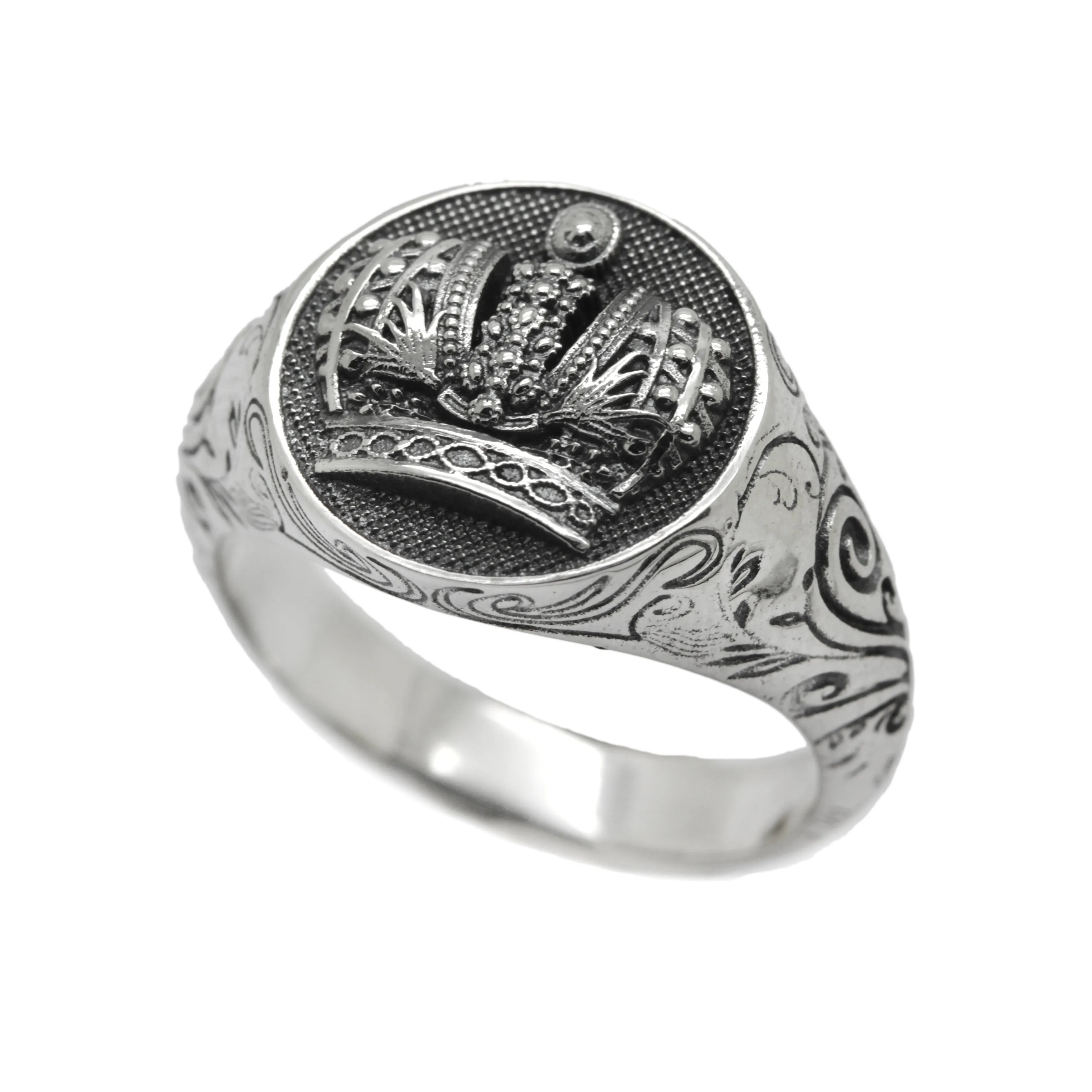 Heraldry Crown and Patterns Sterling Silver 925 Mens Ring Signet