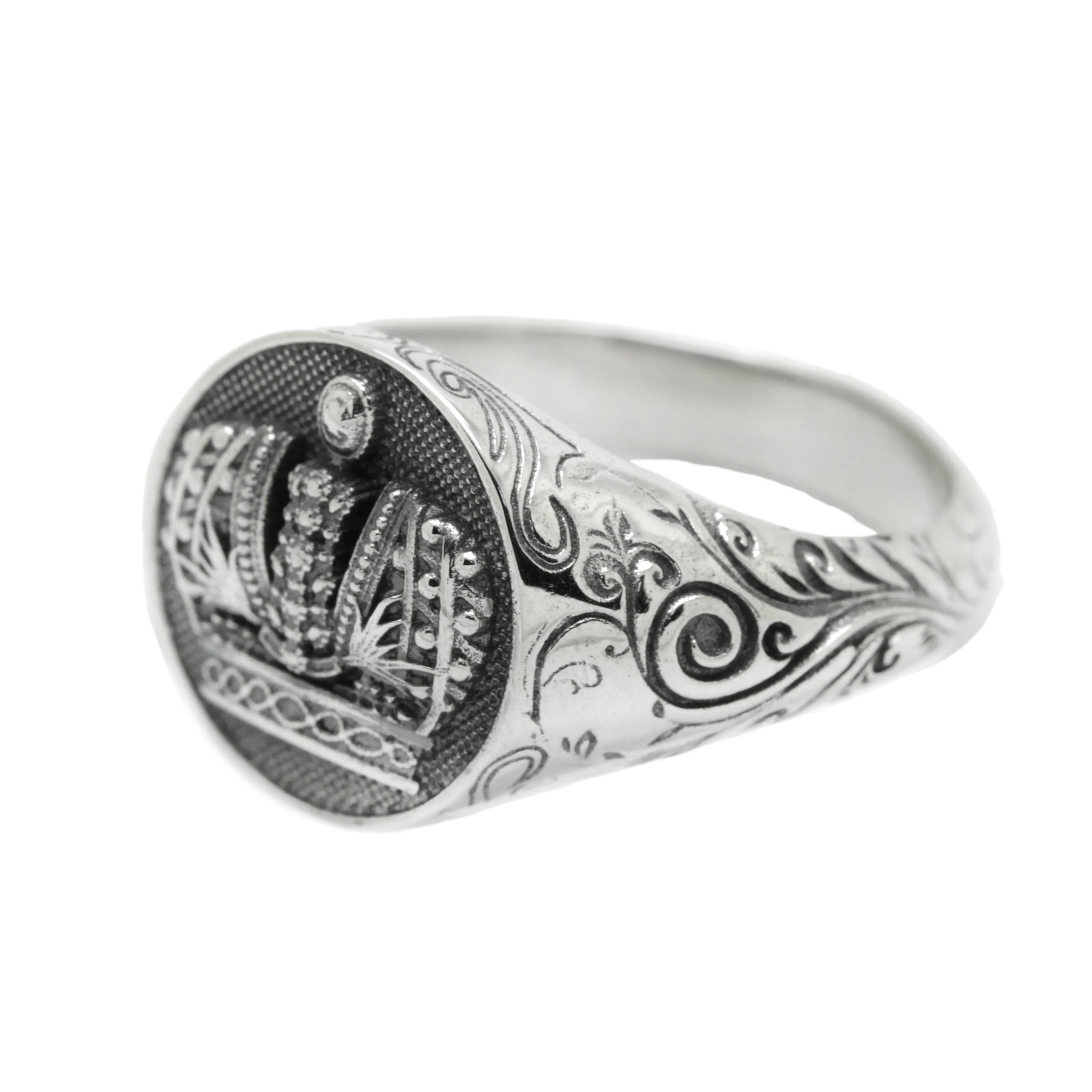 Heraldry Crown and Patterns Sterling Silver 925 Mens Ring Signet