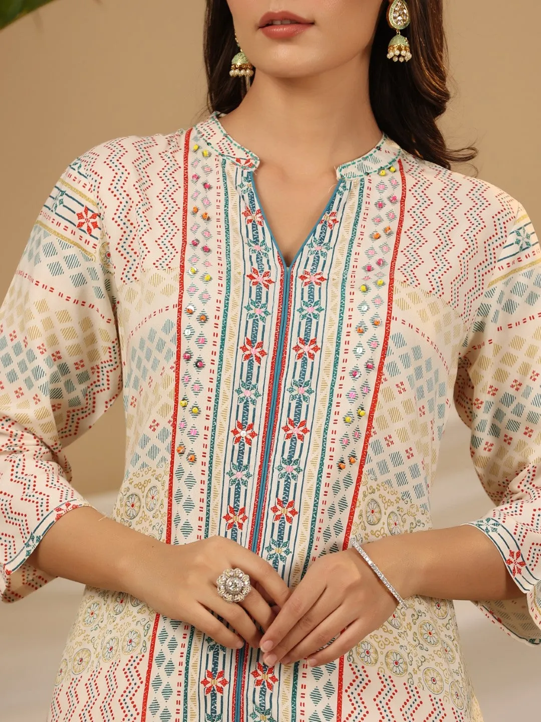 Juniper Multi-Color Geometric Printed Rayon Kurta With Beads & Sequins Work