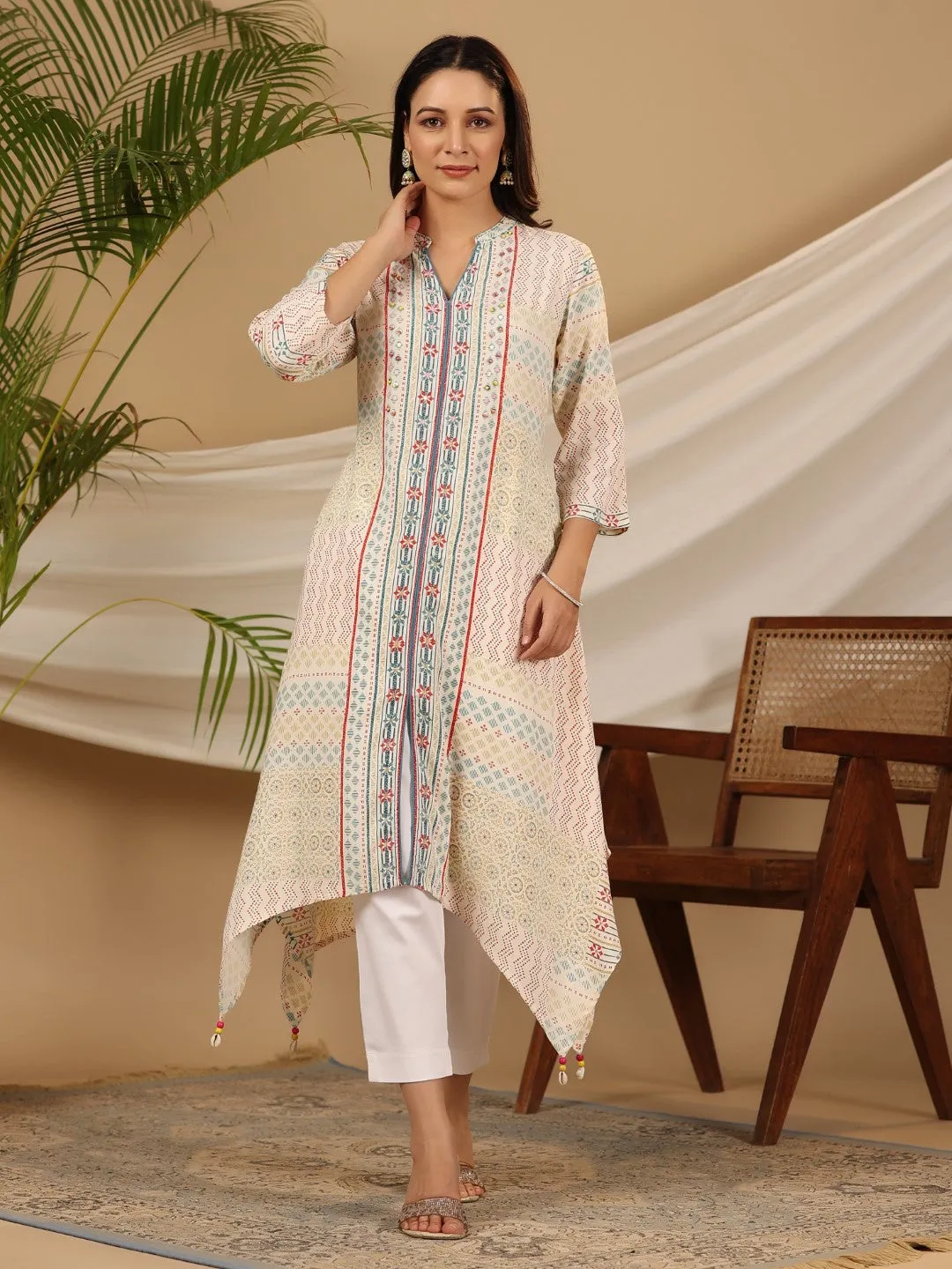 Juniper Multi-Color Geometric Printed Rayon Kurta With Beads & Sequins Work