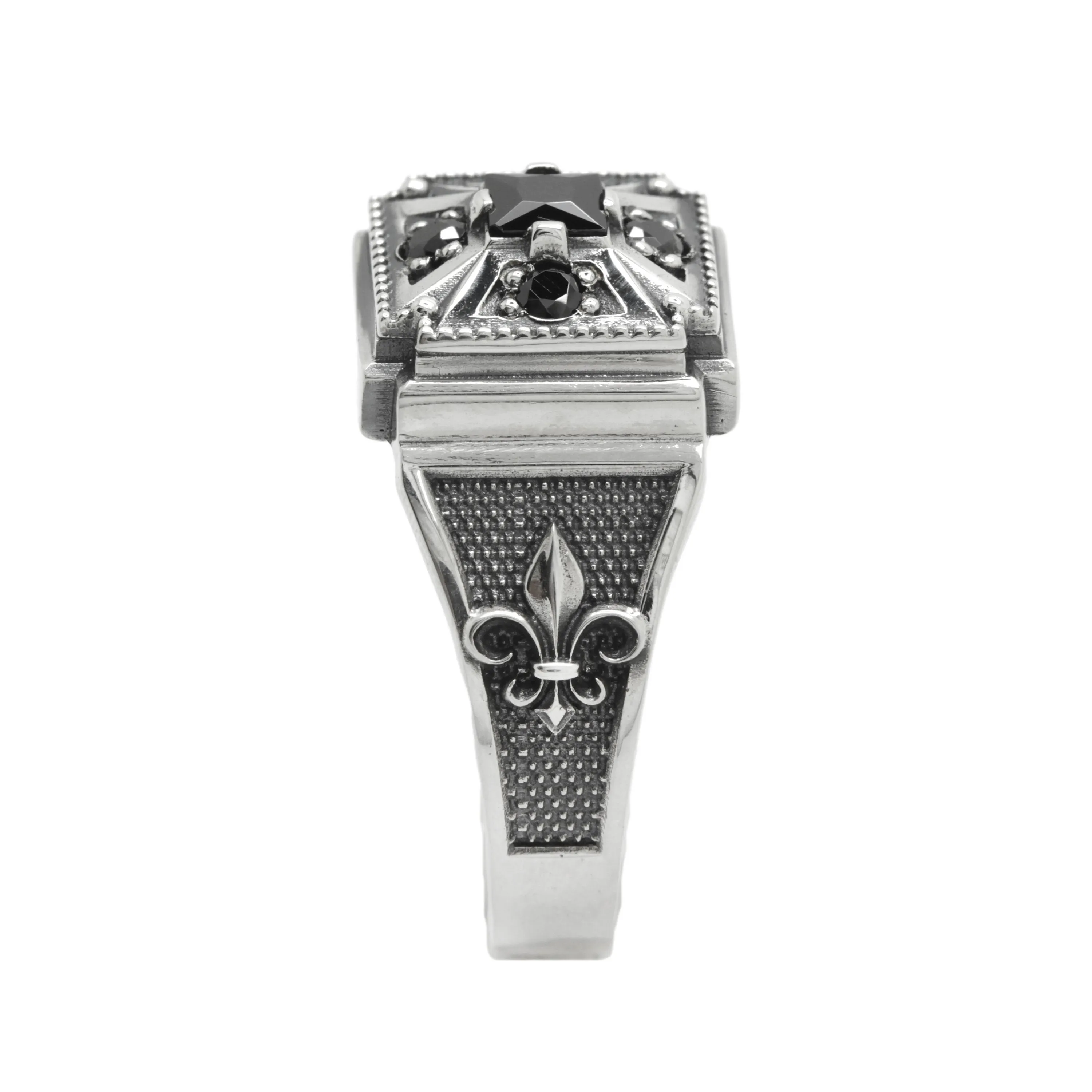 Knight's Cross and Lily Heraldry with Zircons Mens Sterling Silver Ring Signet