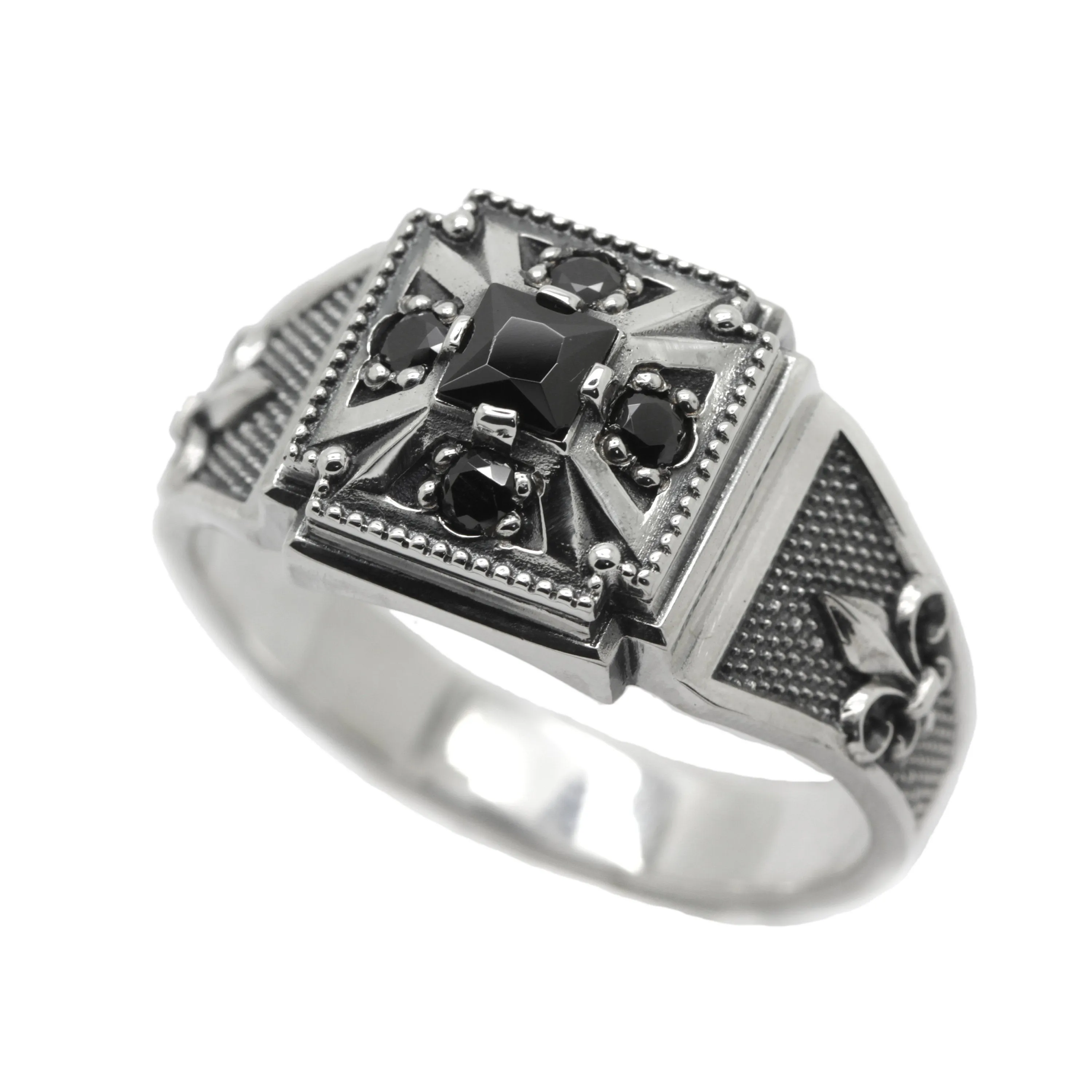 Knight's Cross and Lily Heraldry with Zircons Mens Sterling Silver Ring Signet