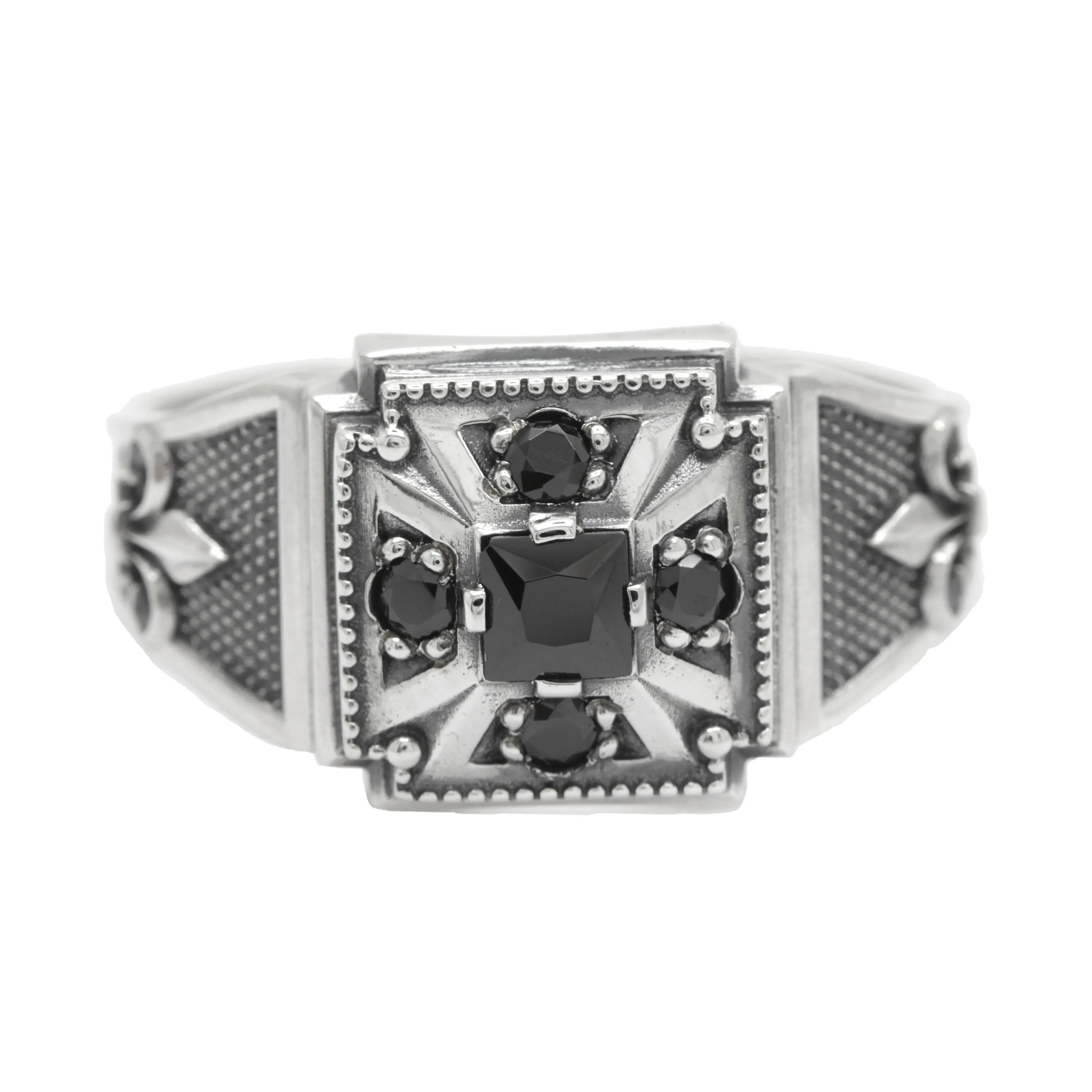 Knight's Cross and Lily Heraldry with Zircons Mens Sterling Silver Ring Signet