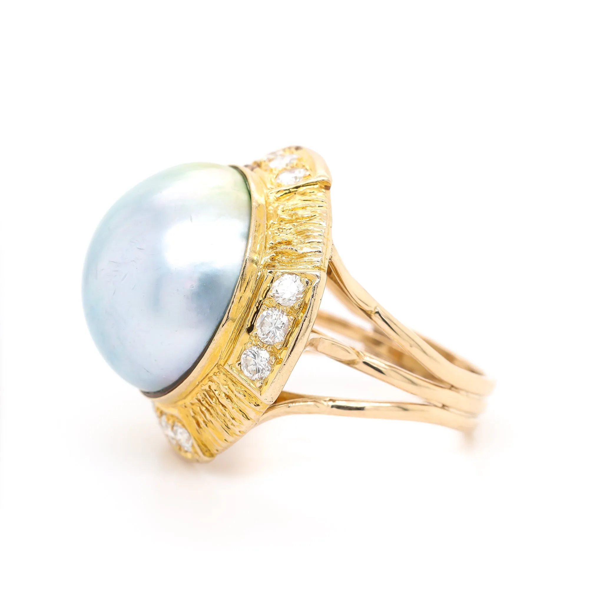 Ladies Vintage Cocktail Pearl And Diamonds 18K Yellow Gold Ring