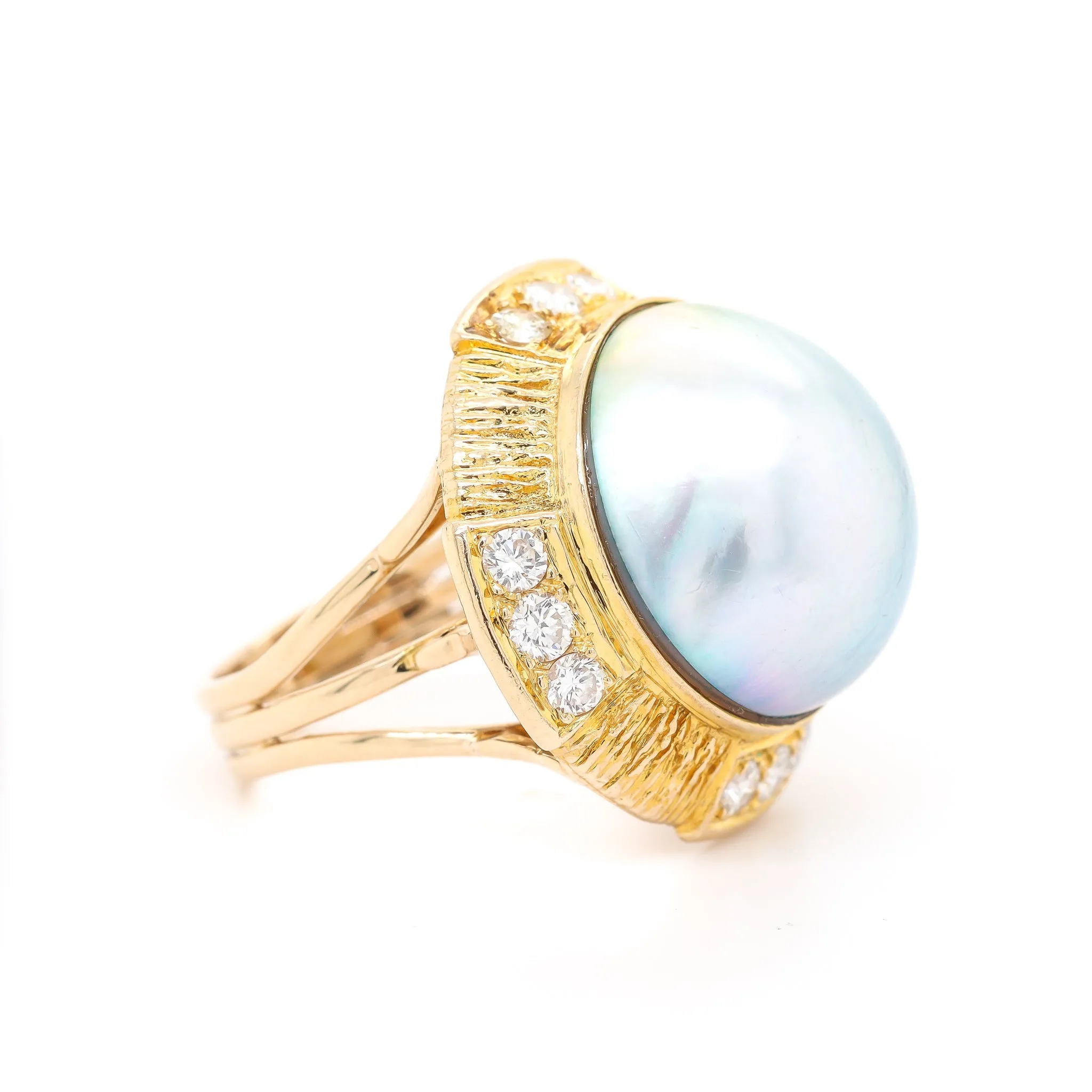 Ladies Vintage Cocktail Pearl And Diamonds 18K Yellow Gold Ring