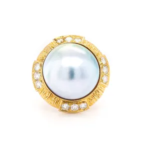 Ladies Vintage Cocktail Pearl And Diamonds 18K Yellow Gold Ring