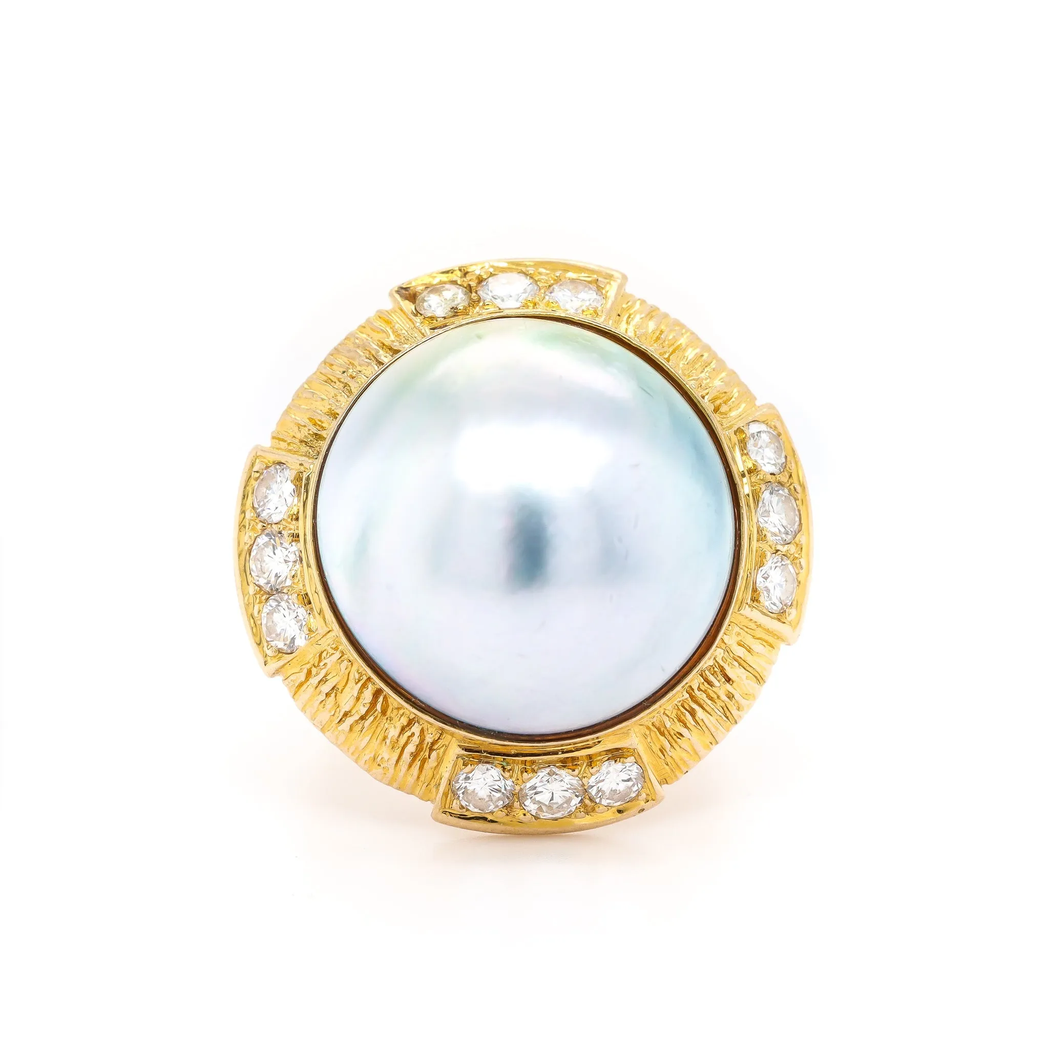 Ladies Vintage Cocktail Pearl And Diamonds 18K Yellow Gold Ring