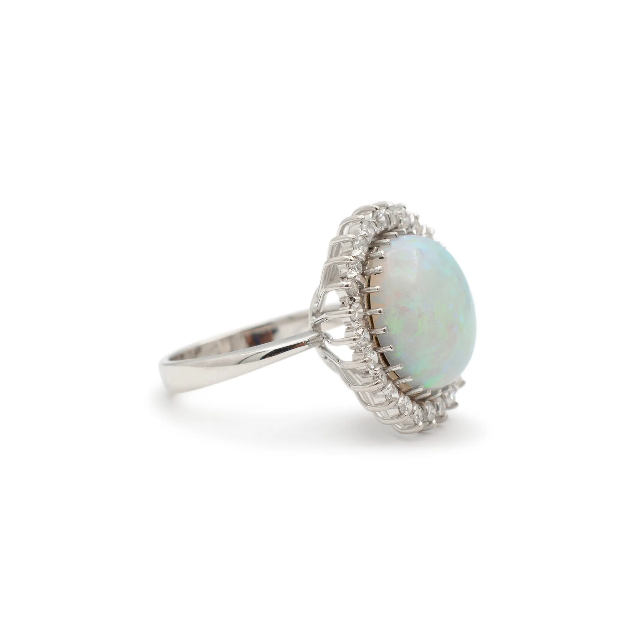 Ladies Vintage Palladium & 14K White Gold Oval Opal Halo Round Diamond Cocktail Ring