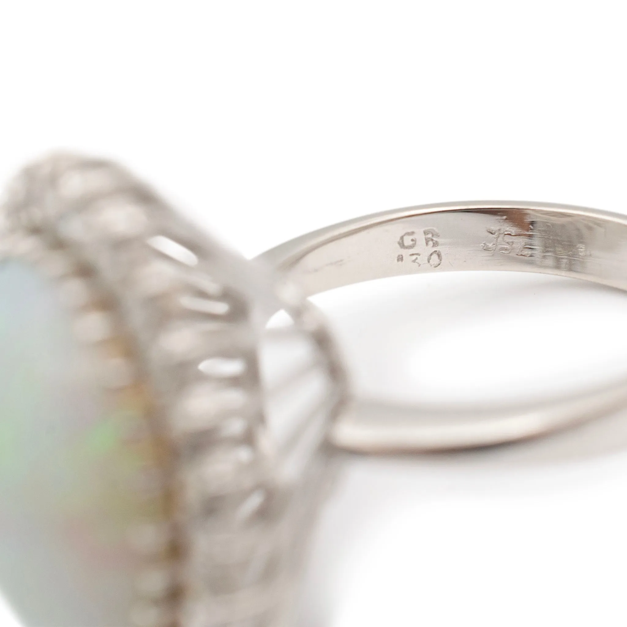 Ladies Vintage Palladium & 14K White Gold Oval Opal Halo Round Diamond Cocktail Ring