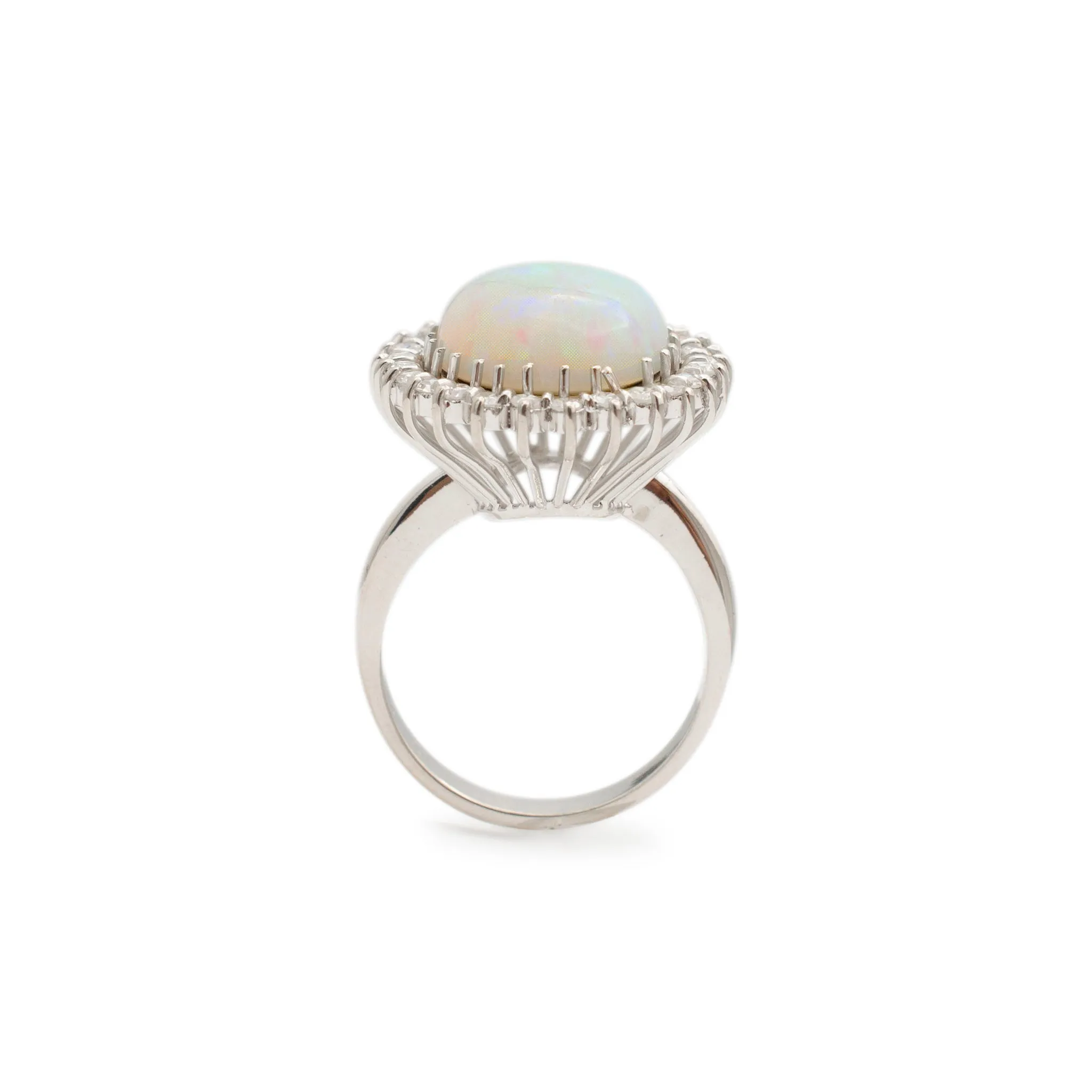 Ladies Vintage Palladium & 14K White Gold Oval Opal Halo Round Diamond Cocktail Ring