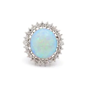 Ladies Vintage Palladium & 14K White Gold Oval Opal Halo Round Diamond Cocktail Ring