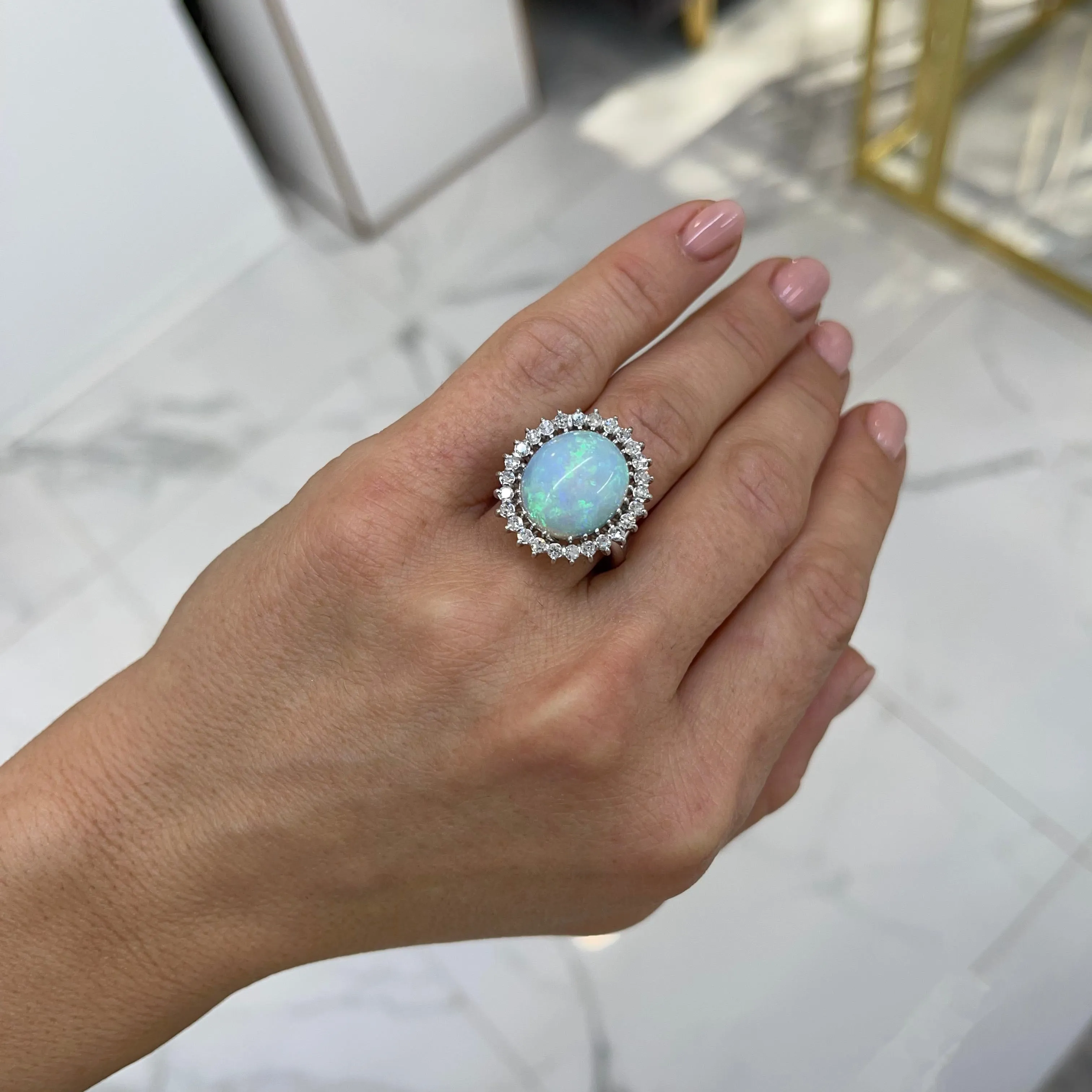 Ladies Vintage Palladium & 14K White Gold Oval Opal Halo Round Diamond Cocktail Ring