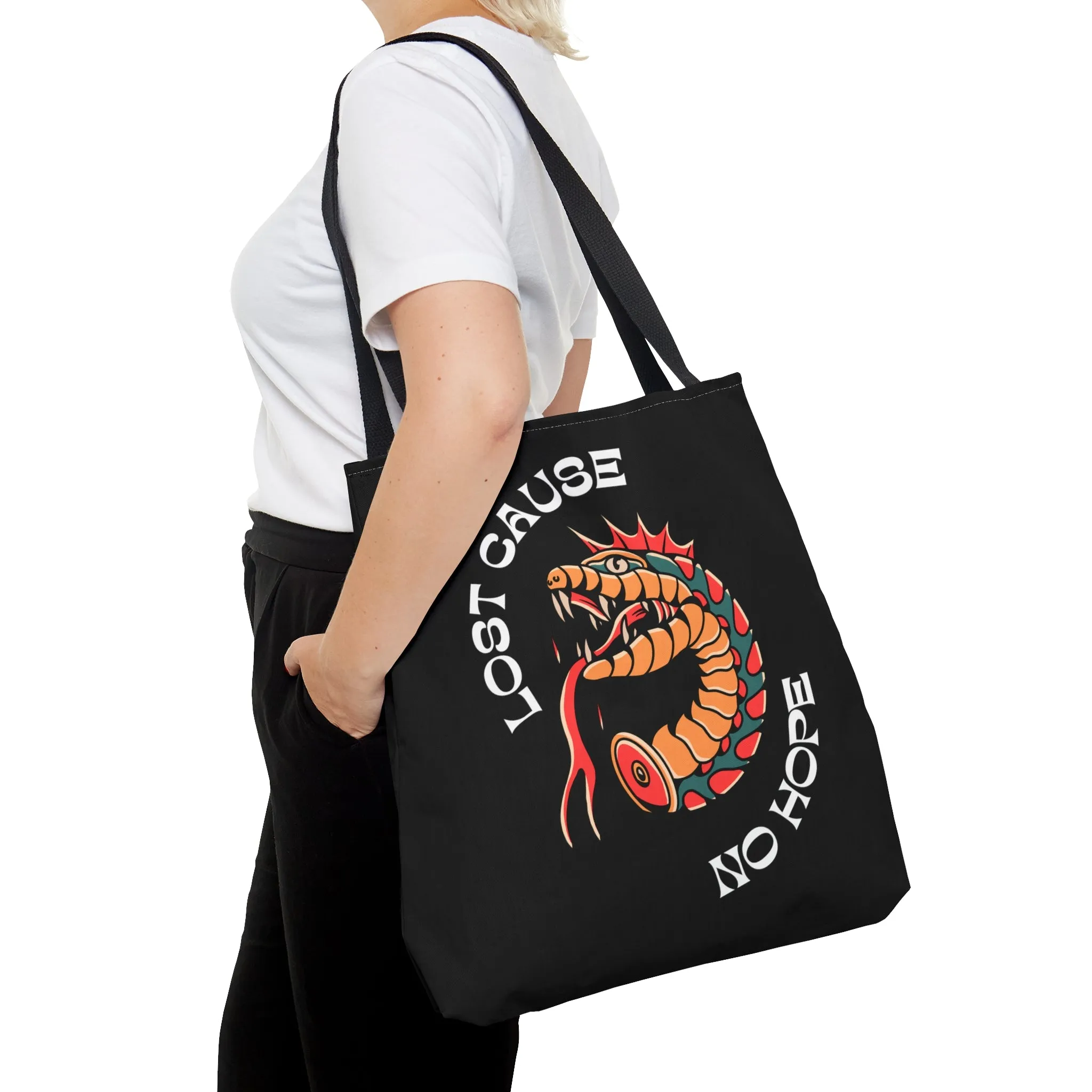 Lost Cause No Hope Snake Head Tattoo Tote Bag in Black