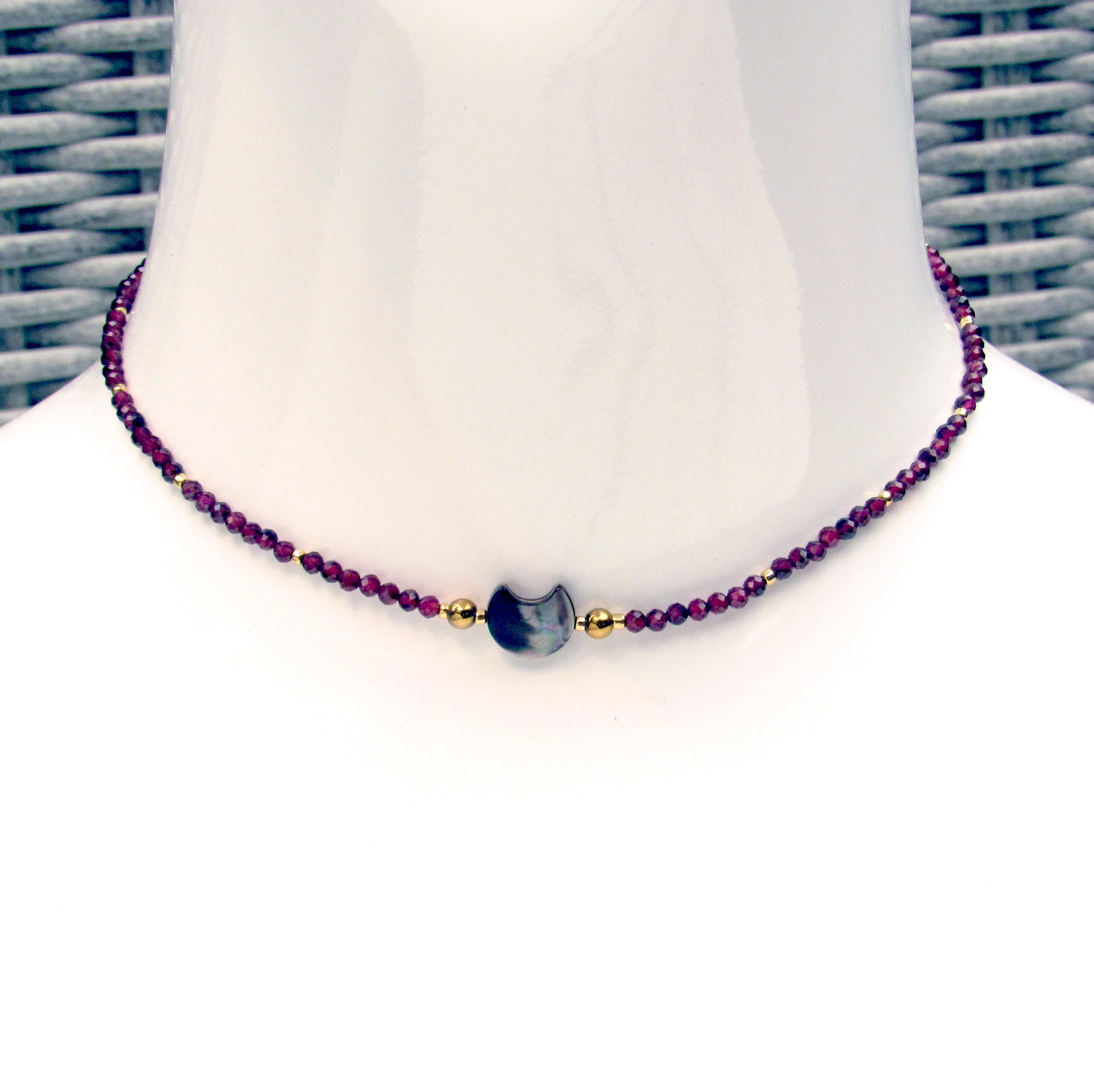 Mother of pearl moon choker with Garnet and Gold Hematite, and 14 kt GF Components